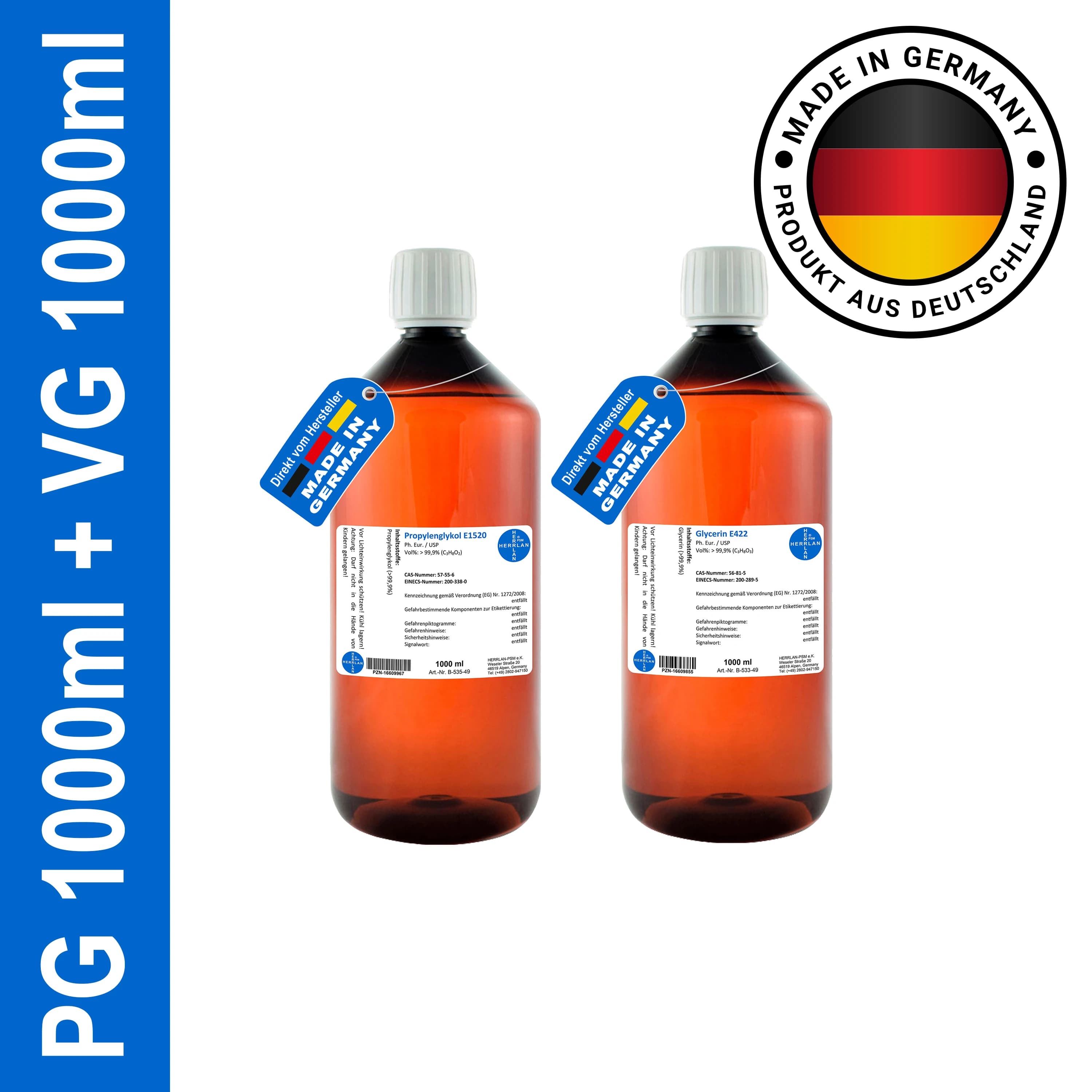 HERRLAN® Glycerin 99,9% + Propylenglykol 99,9% – 2 x 1000 ml Set in höchster Pharmaqualität - Für Cremes, Lotionen & Gels