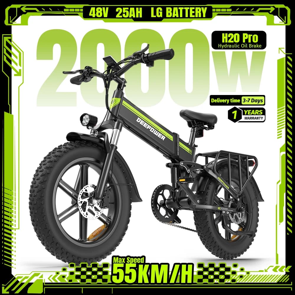 DEEPOWER H20Pro Elektrofahrrad 2000W 48V 25Ah LG Akku Klappbar 20" Fat Tire Ebike 55km/h Offroad für Erwachsene Hydraulische Bremse