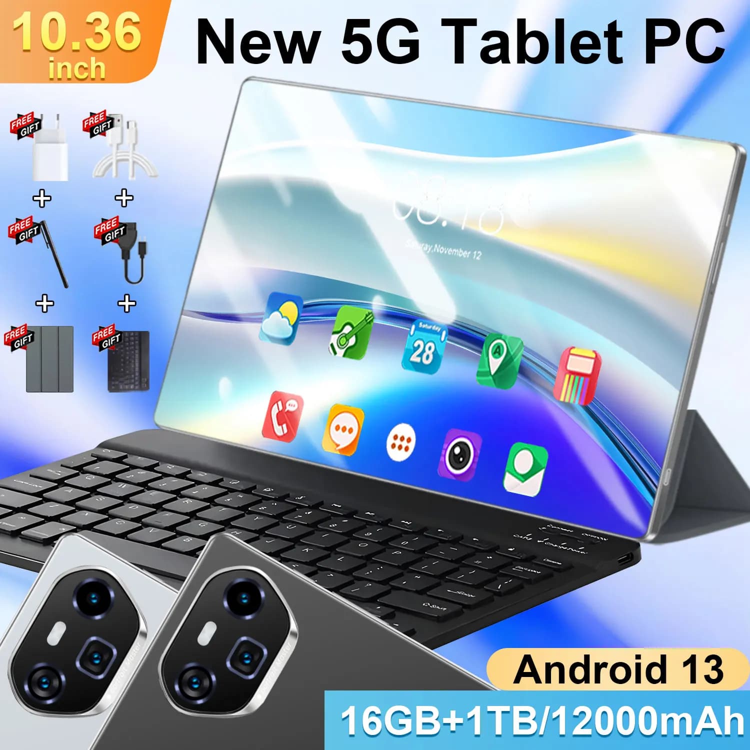 10,36 Zoll Vollbild-Tablet mit 5G, Android 13.0, 16GB RAM, 1TB ROM, 16MP/32MP Kameras, 12000mAh Akku, 10-Kern-Prozessor, WLAN, Bluetooth,