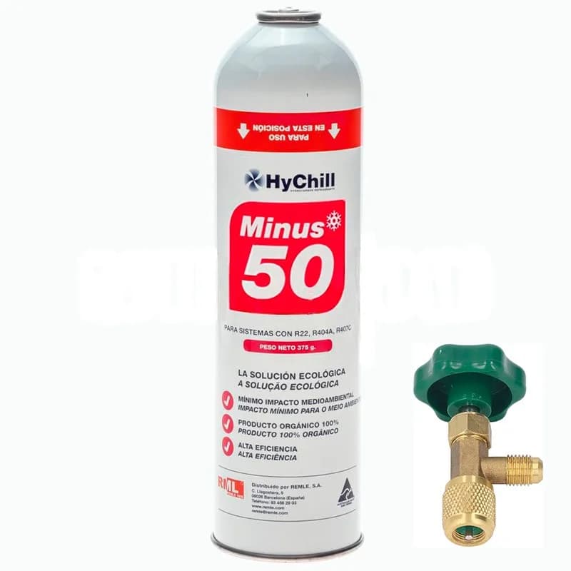 Minus 50 Gasflasche 375g + Ersatzventil R22 R404A R407C R502 Organisches Kältemittel