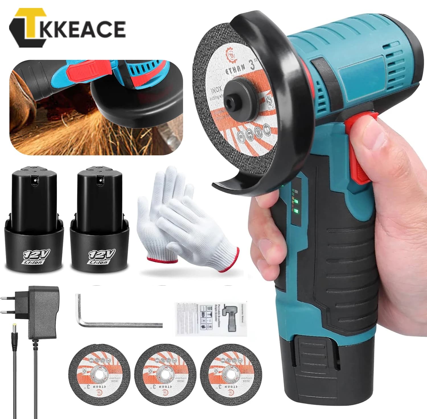 TKKEACE 19500 U/min 12 V Mini-Winkelschleifer Schleifen Akku-Maschine Lithium-Batterie Wiederaufladbare Schleifmaschine Cushing Power Tools