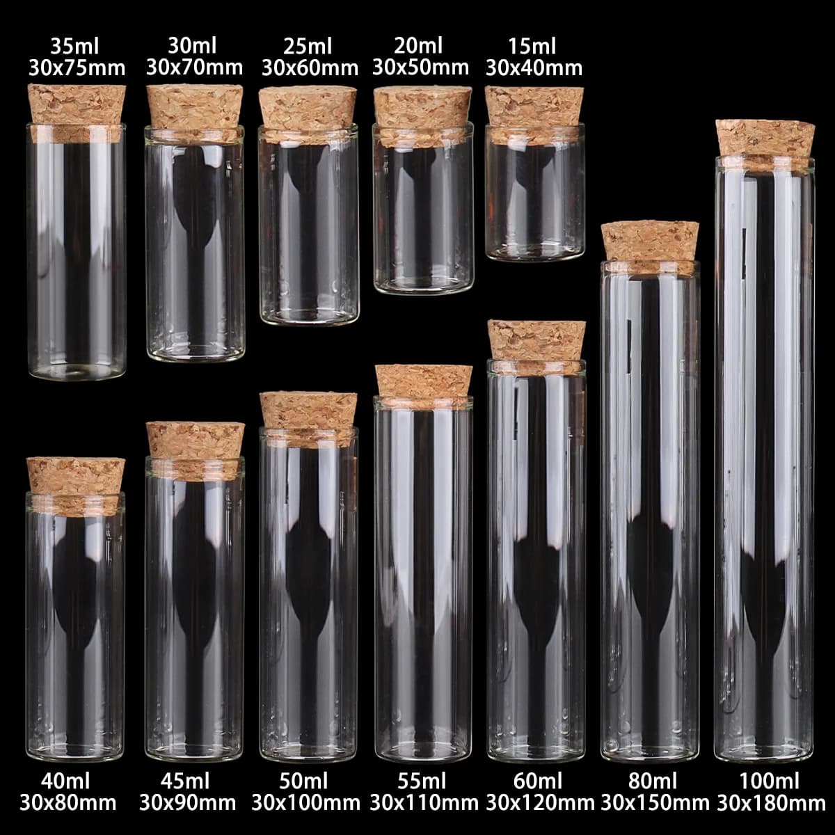 15 ml/25 ml/30 ml/35 ml/40 ml/45 ml/50 ml/55 ml/60 ml/80 ml/100 ml Kleines Glasreagenzglas mit Korkstopfen Dragees Gläser Flaschen 24 Stück