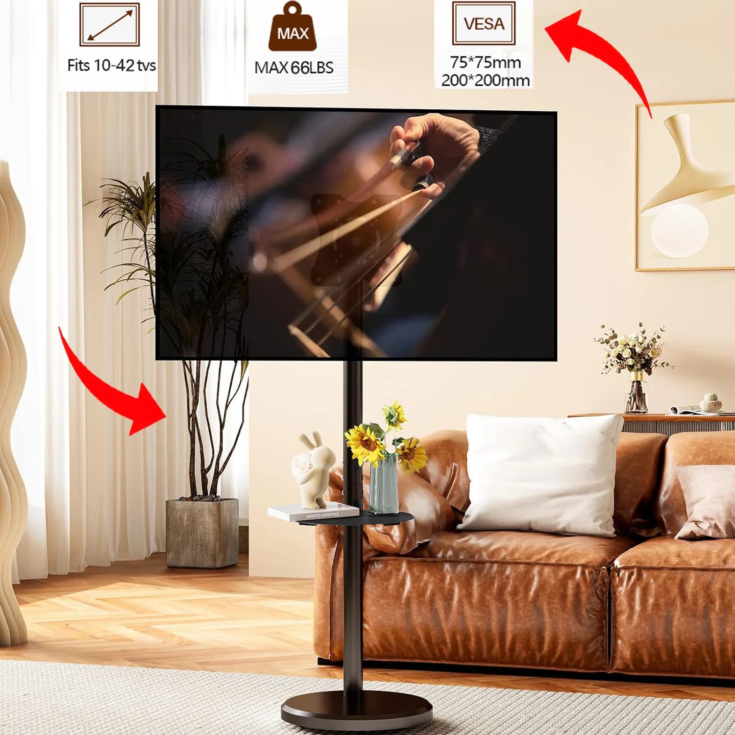 Höhenverstellbarer rollender TV-Ständer für 10- bis 42-Zoll-Fernseher bis zu 66-Pfund-Porträt bis zur Landschaft, robuster mobiler TV-Wagen mit