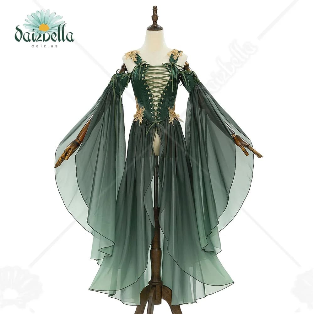 Europäischer Lagerbestand DAIZBELLA Mittelalterliches Renaissance-Kostüm für Damen Elfen-Stil Grünes Kleid mit Ärmeln für Halloween