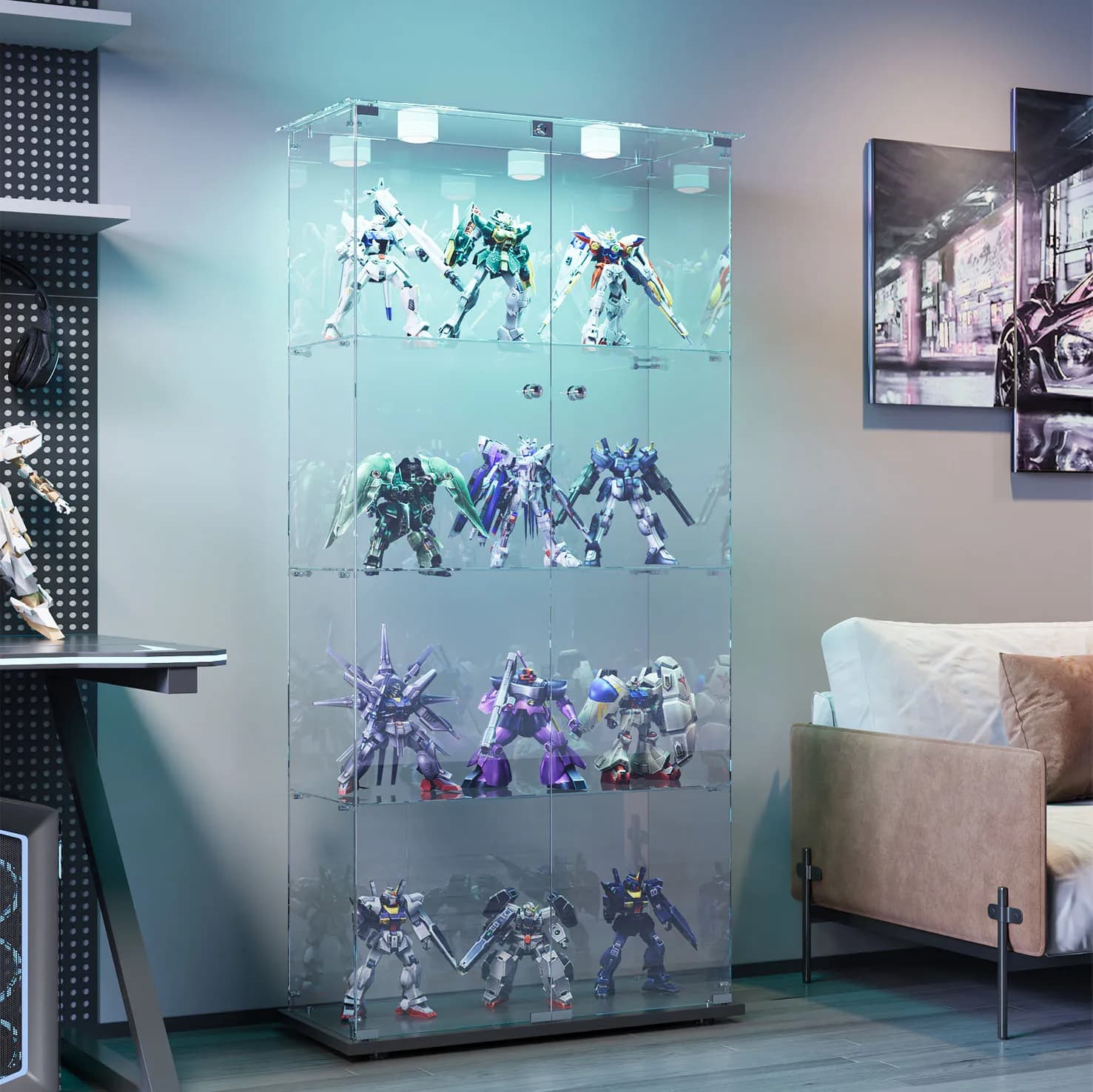 Rosahqnda Glasvitrine, stehende Vitrine für Sammlungen mit LED, mit 2 Türen, 4 Regalen, Glasvitrine