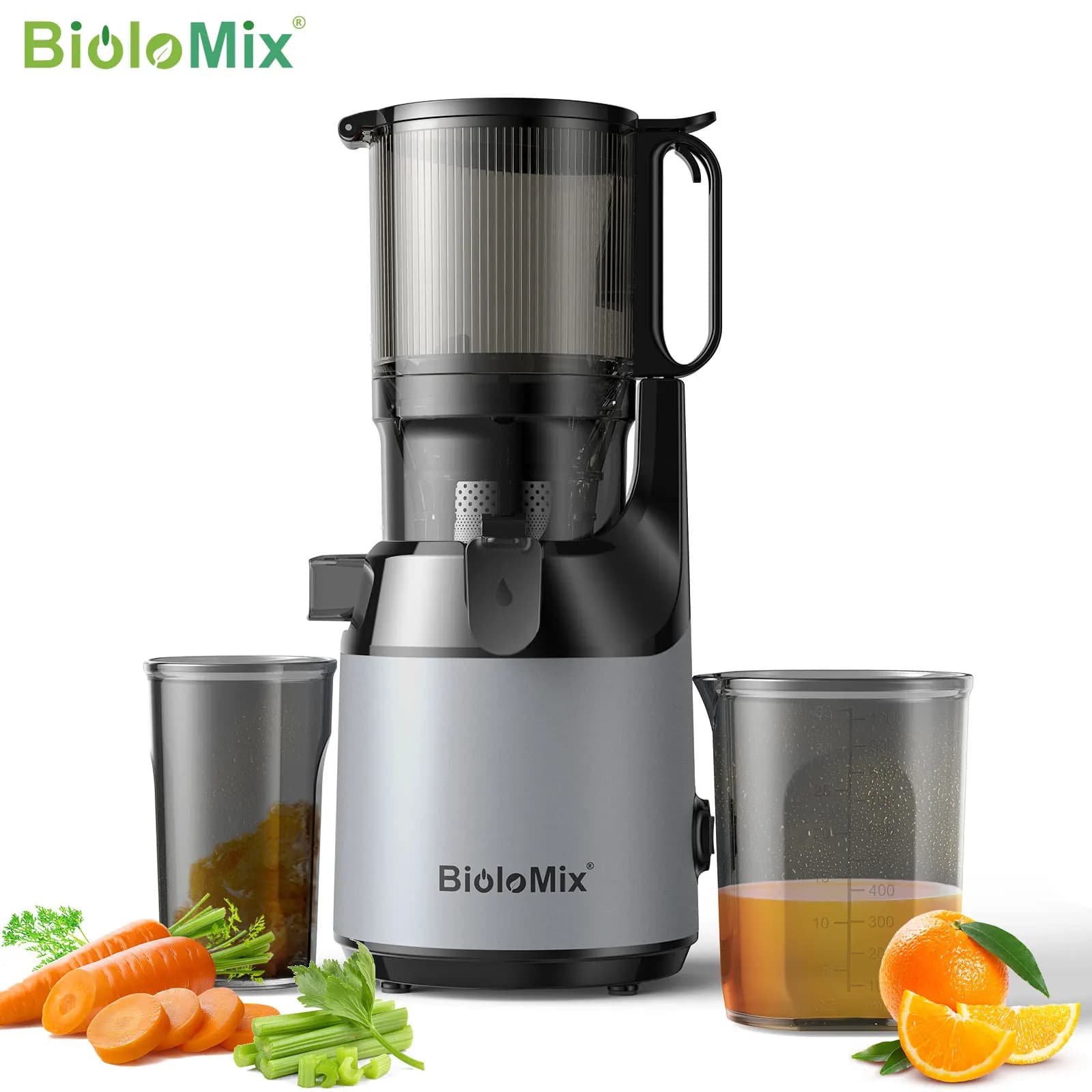 BioloMix Kaltpress-Entsafter, mit 130-mm-Einzugschacht, passend für ganzes Obst und Gemüse, hohe Saftausbeute, langsam kauender Entsafter in