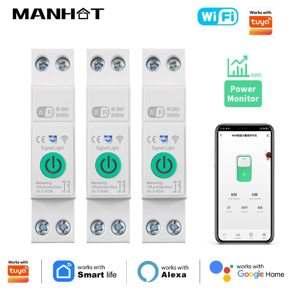 1-63A 1P+N WLAN-Smart-Leistungsschalter mit kWh-Messung, Timer-Relais, MCB, Spannungs- und Stromschutz, kompatibel mit Tuya, Alexa, Google