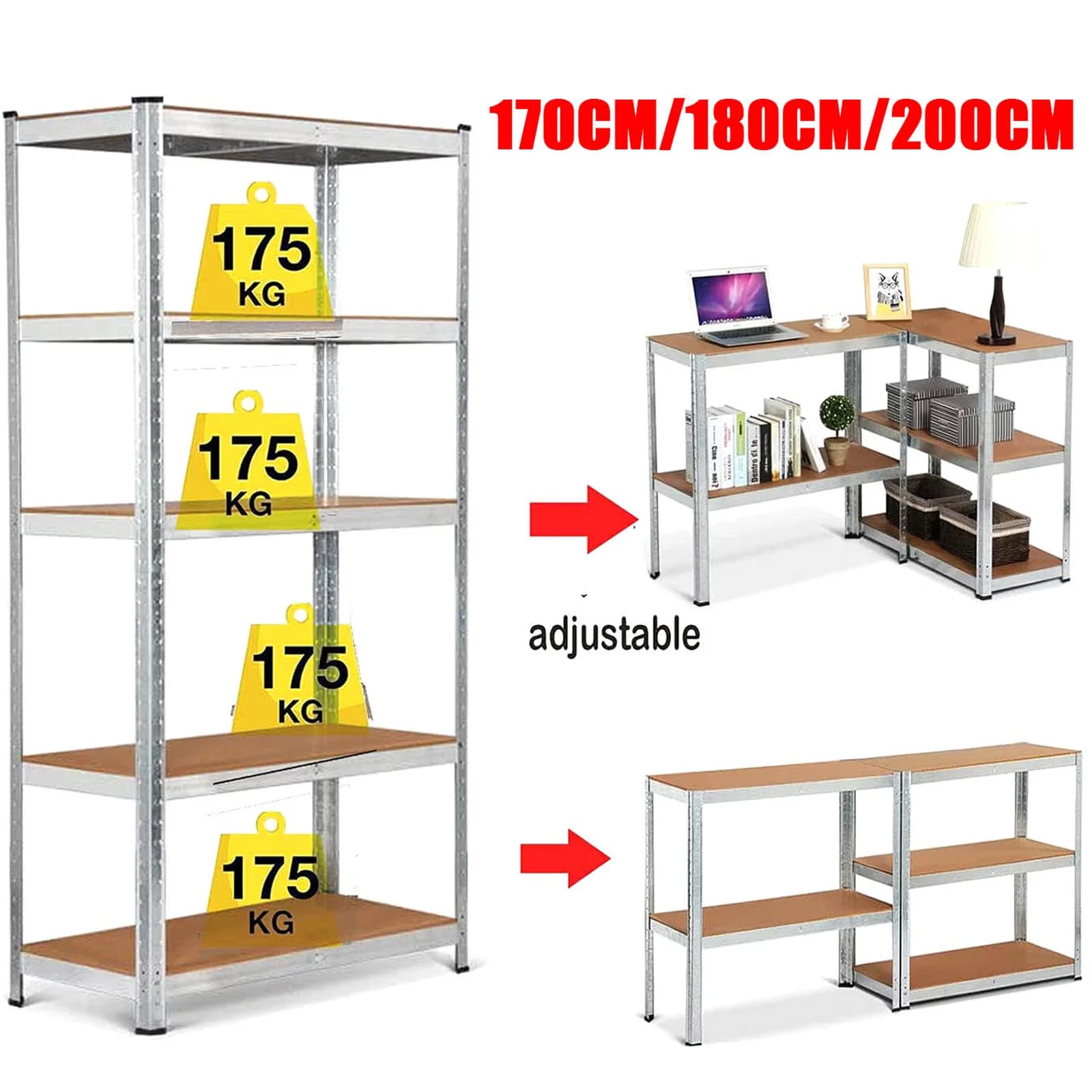 VickyHome Robustes 5-stufiges, verstellbares Metallregal, 875 kg Traglast, bolzenloses Garagenregal für Werkstatt, 170 cm/180 cm/200 cm