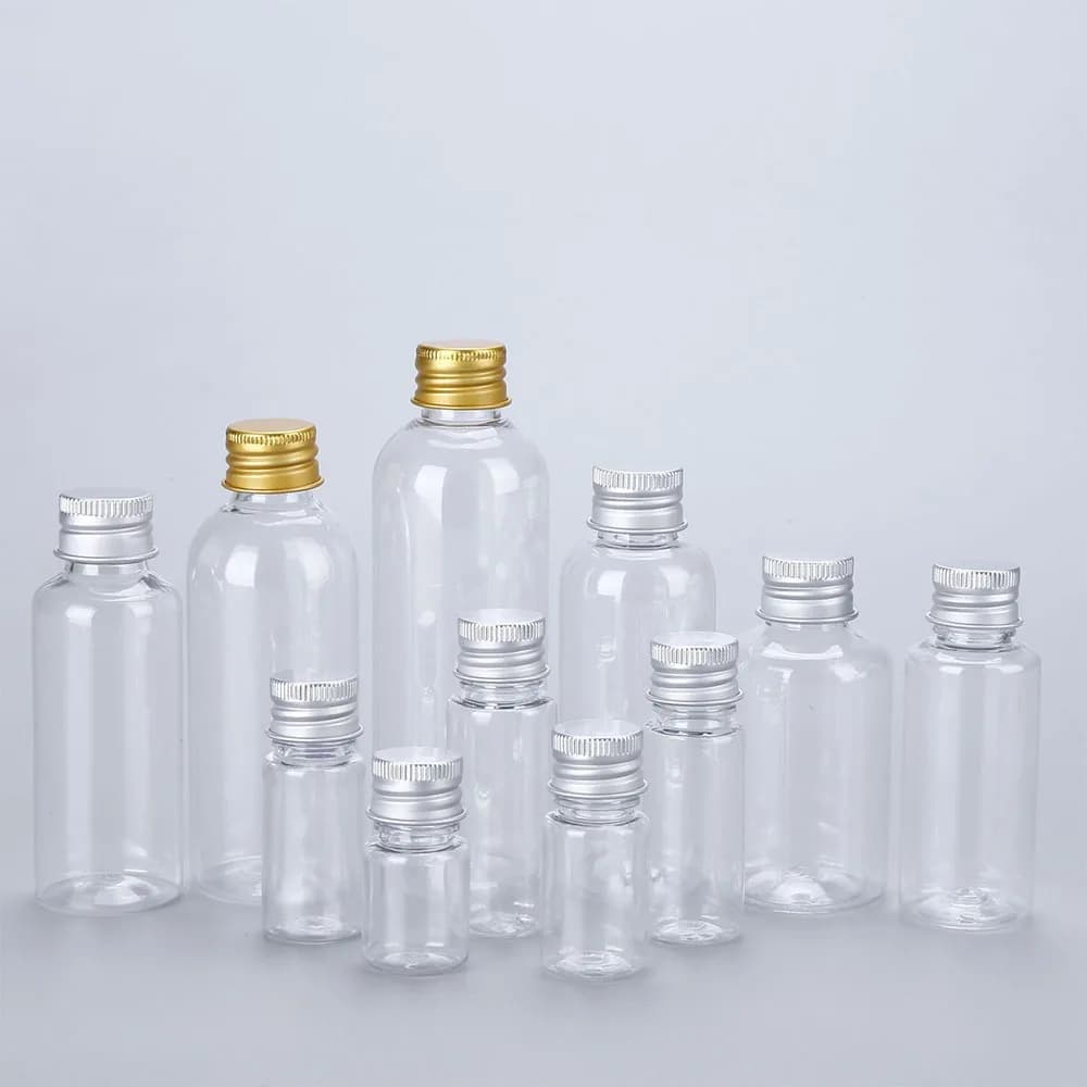 50/100 Stück Plastikflaschen mit Aluminiumkappe, 100 ml, 50 ml, 30 ml, Probenfläschchen, transparent, tragbar, Reise-Kosmetikbehälter für Lotion