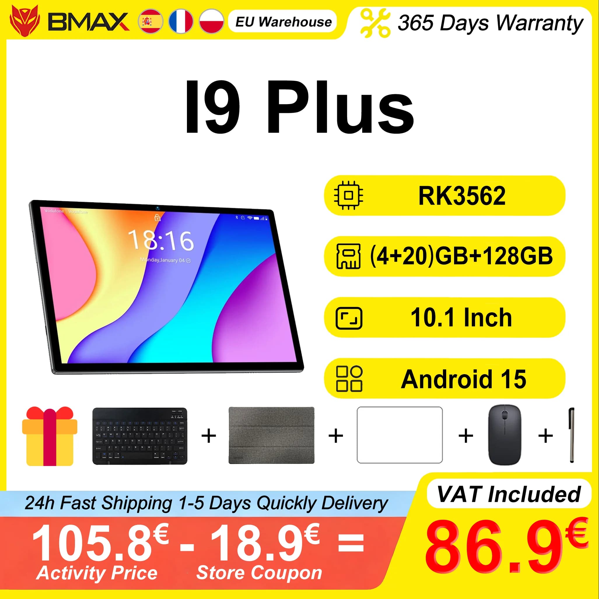 BMAX I9 Plus Tablet 10,1'' (4+20)GB RAM 128GB ROM Rockchip RK3562 Android 15 1280*800 IPS 6000mAh Type-C WIFI 6 Bluetooth 5.4 2-Kern