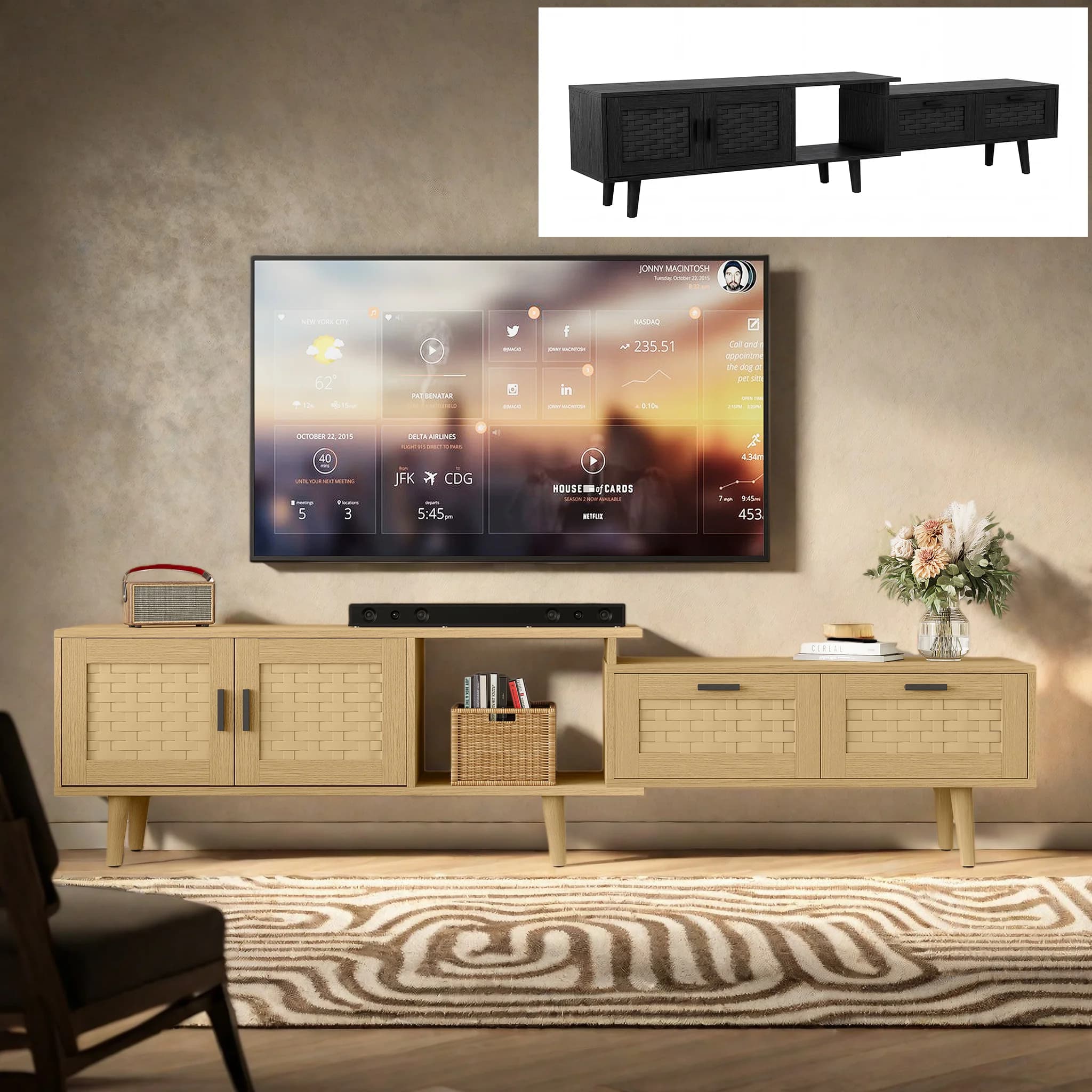 Comanlai Ausziehbarer TV-Ständer Rattan TV-Schrank Medienkonsole Aufbewahrungsschrank Eiche/Schwarz Wohnzimmermöbel