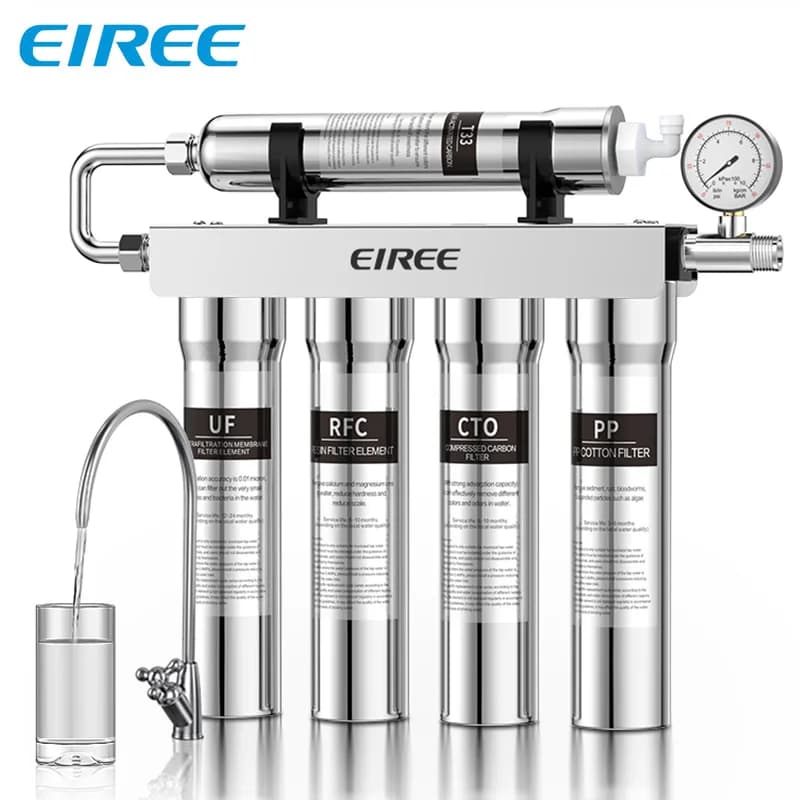 EIREE 304 Edelstahl Wasserfilter Trinkwasser Haushalts-Wasserfiltersystem mit 5 Stufen UF Wasserreiniger für Küche und Haushalt