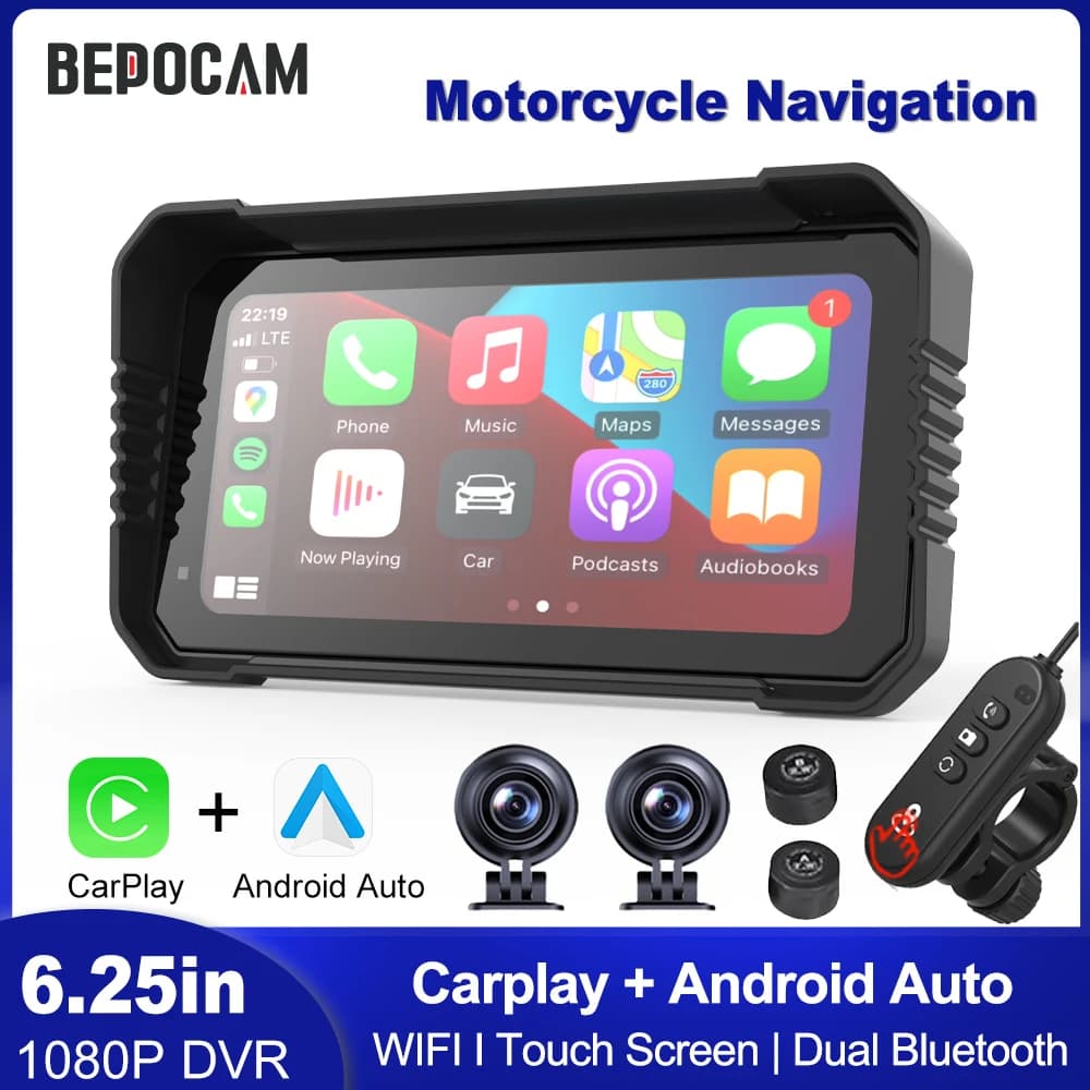 BEPOCAM 5"/6,25" Motorrad GPS Navigation DVR Carplay Bildschirm für Moto Dual Kameras Stick Recorder IPX7 Wasserdicht Moto Monitor
