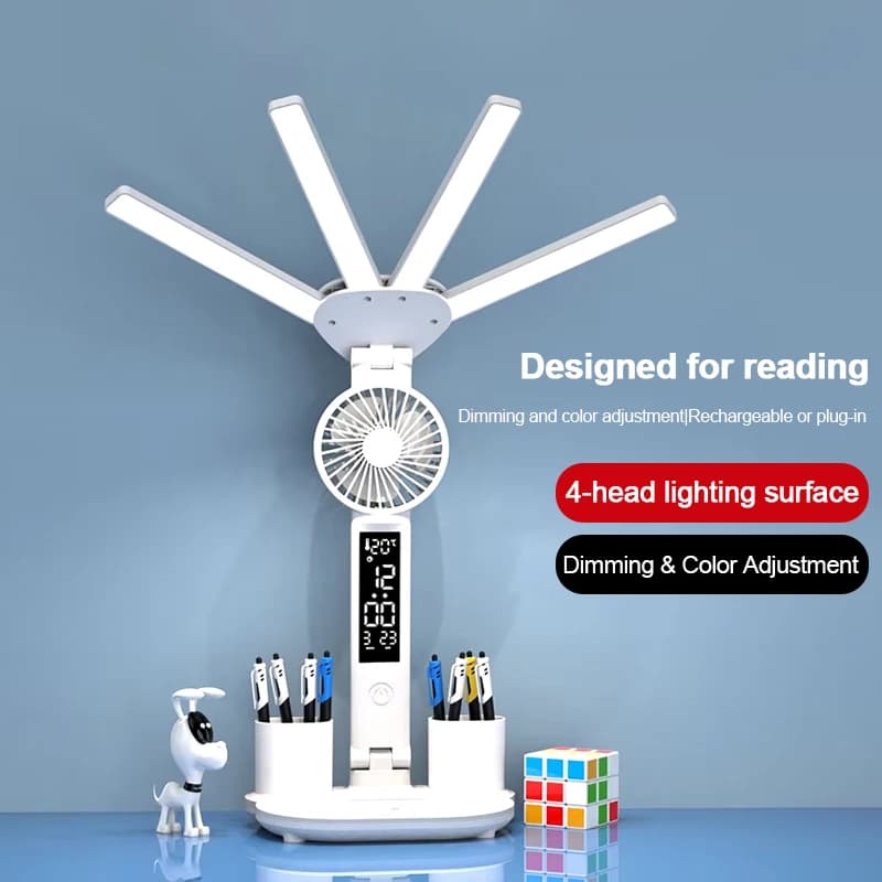 LED Wiederaufladbare Tischlampe zum Lernen, Schreibtischlampe Leselampe LED-Tischleuchte mit Ventilator, LED-Uhranzeige Leselampe