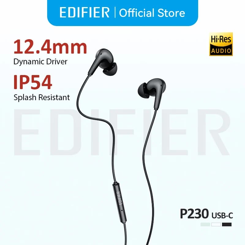 Edifier P230 USB-C kabelgebundene Ohrhörer mit Fernbedienung und Mikrofon, hochauflösender In-Ear-Kopfhörer, 12,4 mm dynamischer Treiber, IP54,