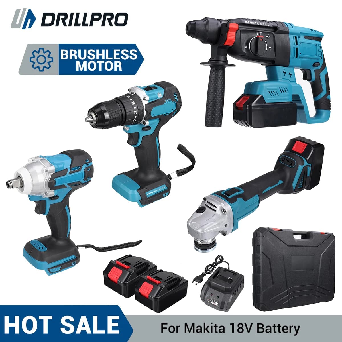 Drillpro 4-teiliges Elektrowerkzeug-Set, 800 Nm, elektrischer Schraubenschlüssel, 125 mm Winkelschleifer, bürstenloser Elektrohammer, 10 mm Bohrer