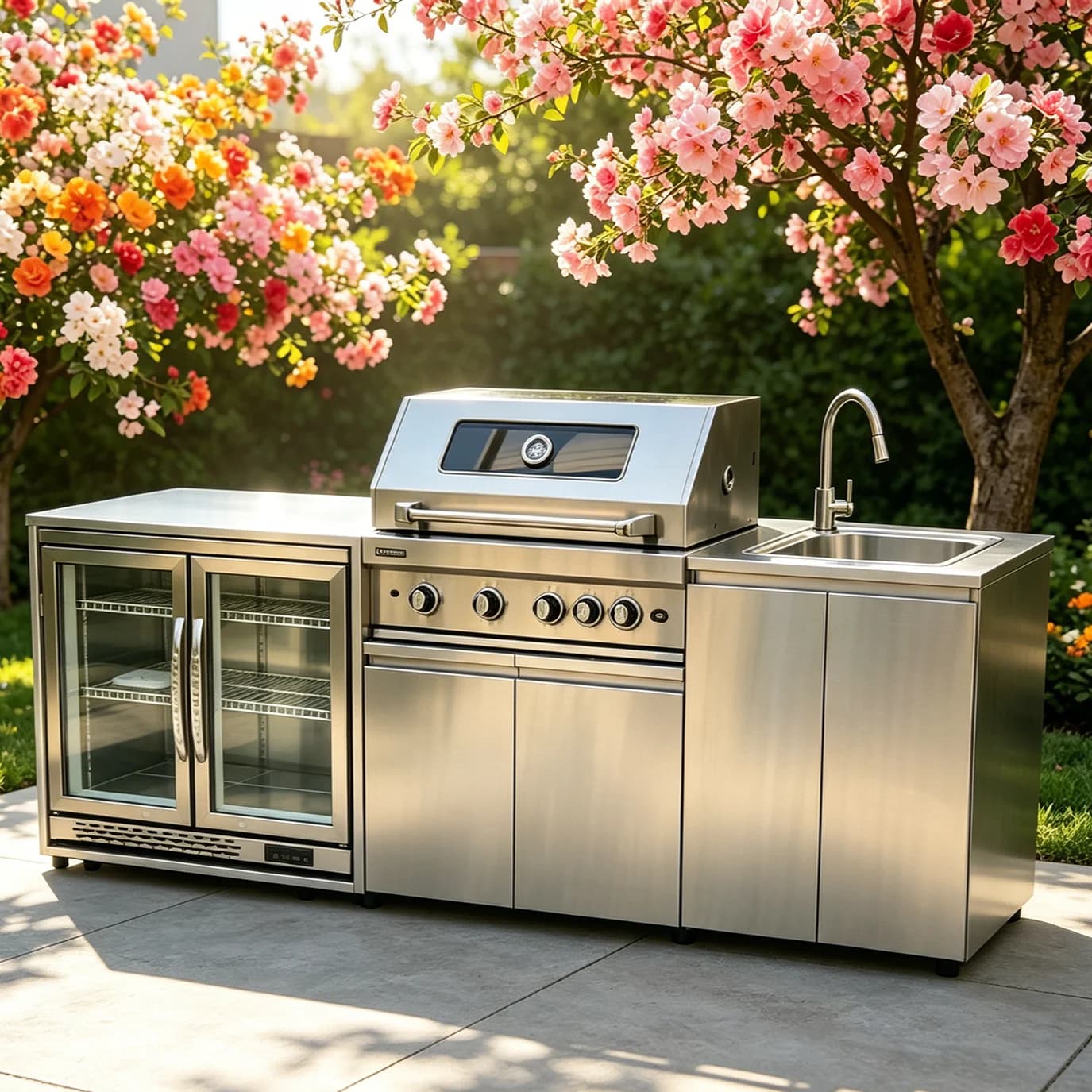 Outdoor-Edelstahlküche mit Schränken und Spüle. Robustes Gartenset, Wetterbeständig All-in-One für Hinterhof & Außenbereich