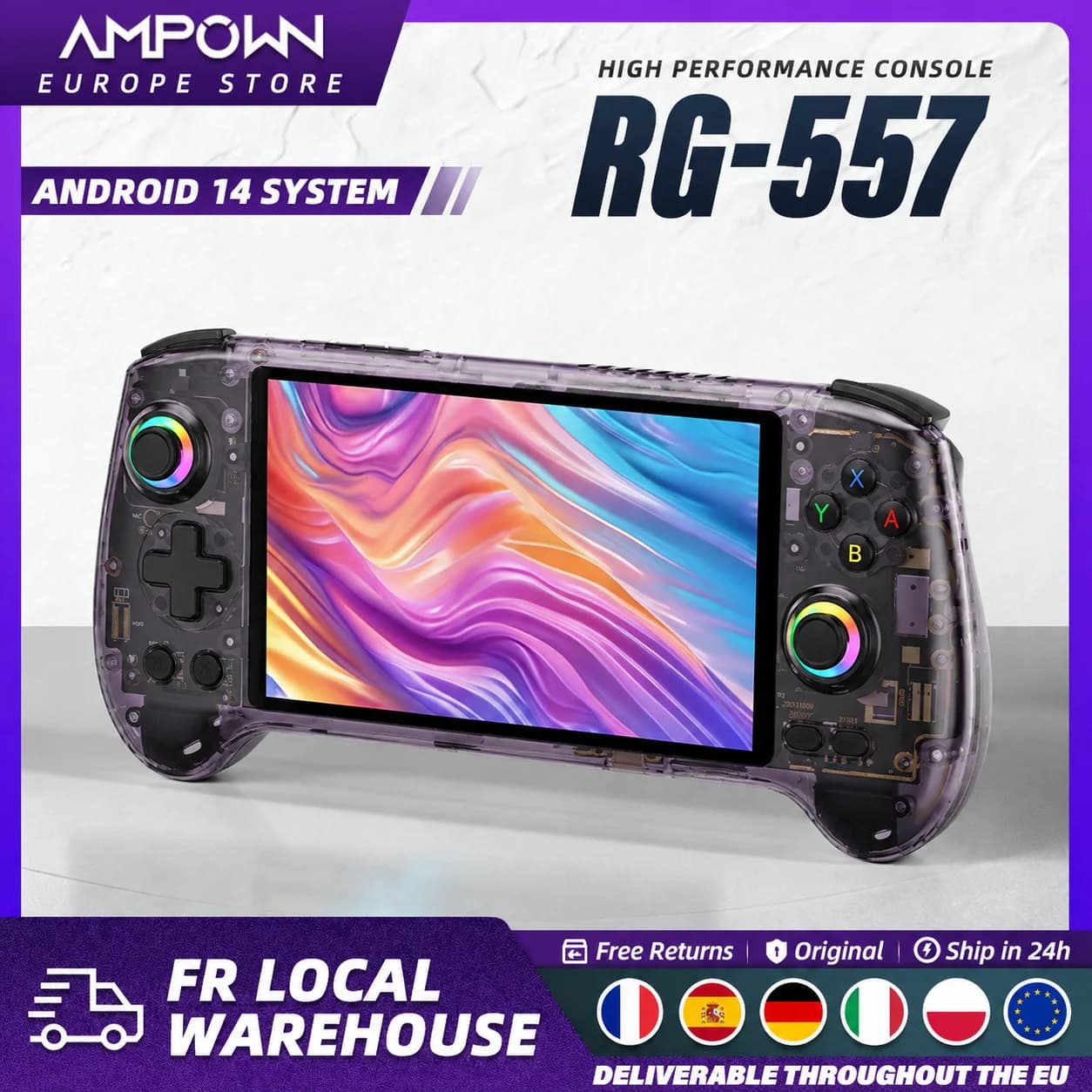 ANBERNIC RG557 Handheld-Spielekonsolen-Dimensitätsprozessor 5,48-Zoll-AMOLED-Bildschirm Android14 kapazitiver Joystick DP-Ausgang Lüfter