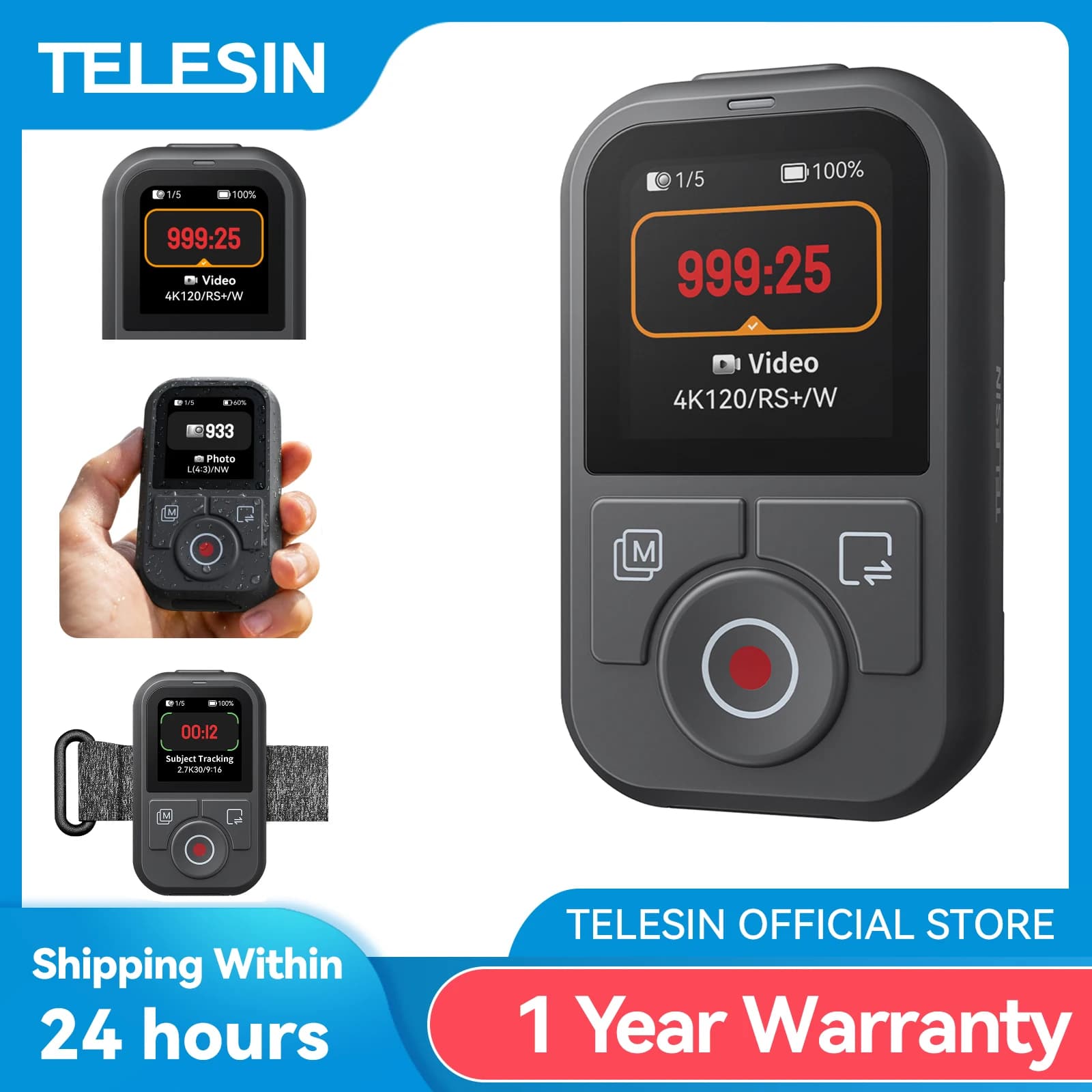 TELESIN 60M Bluetooth-Fernbedienung für DJI OSMO Action 6 5pro 4 OSMO 360 mit Handgelenkschlaufe und Bildschirmanzeige für DJI Action 4 5 6