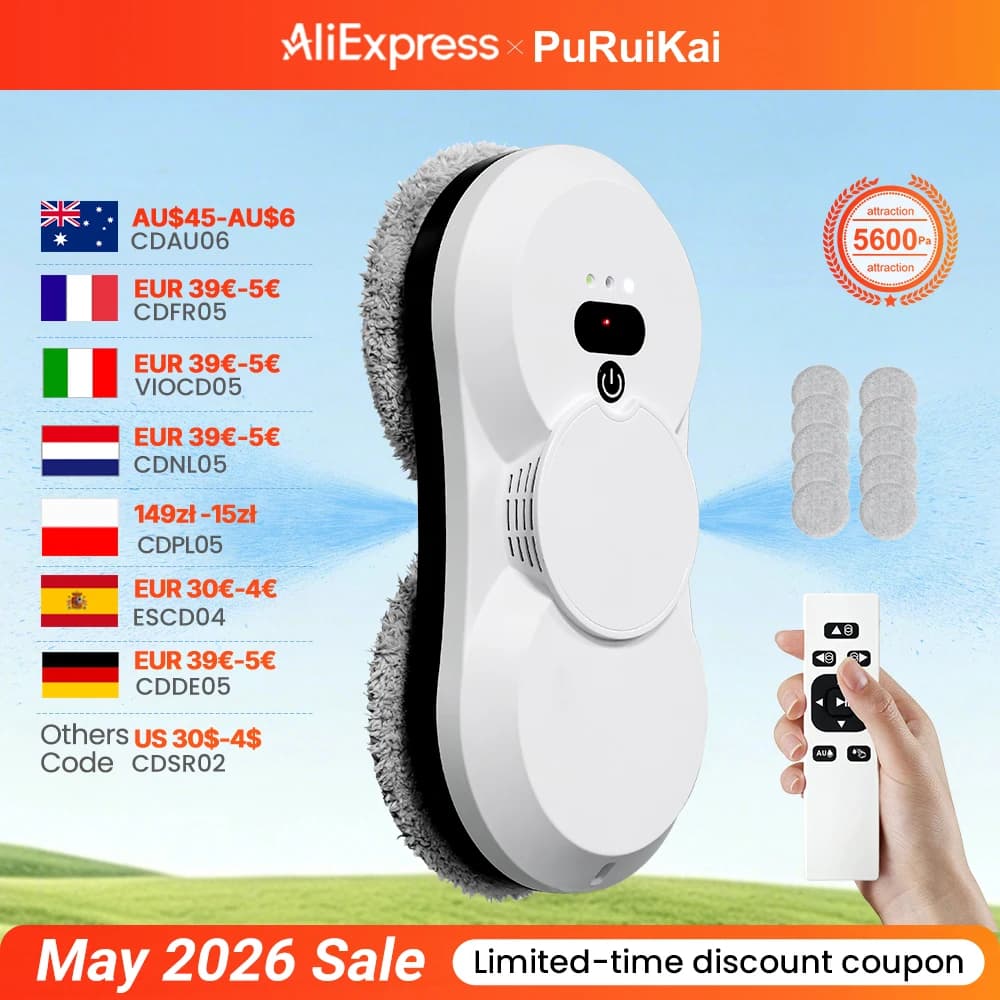 PuRuiKai Fensterputzroboter, 5600Pa Saugkraft, Zweiwege-Automatische Sprühfunktion 50ml Tank, Mehrfache Sicherheitssysteme, Mit Bürstenlosen Motoren
