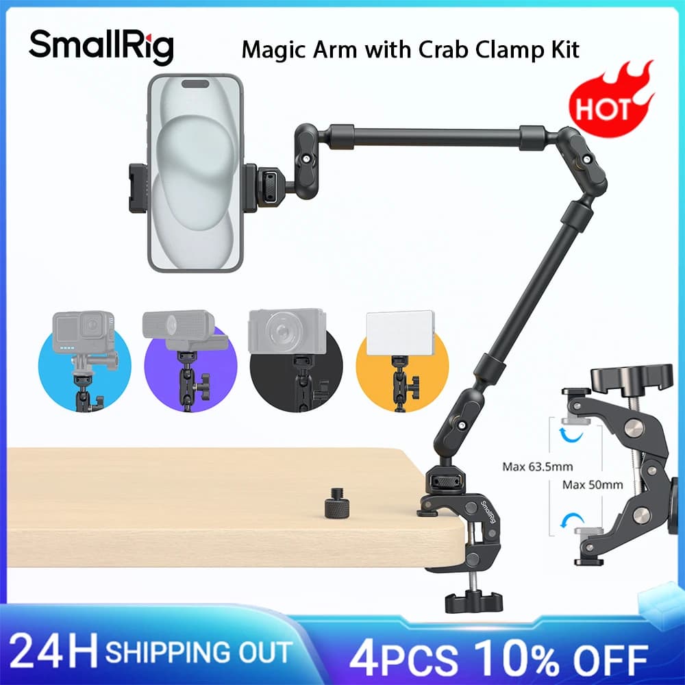 SmallRig Magic Arm mit Krabbenklemmen-Set, verstellbare Desktop-Stativhalterung, Auslegerarm, für Smartphones, Webcams, Action-Kameras 4766