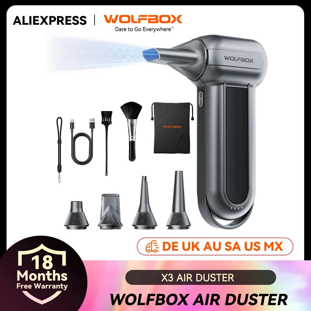 WOLFBOX MF100 Elektrischer Luftstaubsauger, Luftgebläse, 150000 U/min, superleistungsfähiger, wiederaufladbarer bürstenloser 3-Gang-Motor für