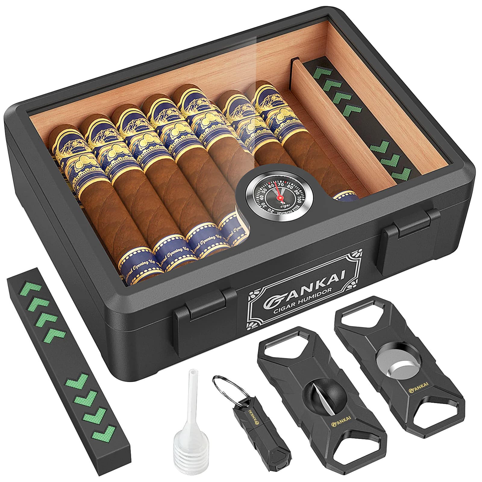 Zigarren-Humidor, Zigarrenbox mit Vollglasdeckel, Befeuchter und Hygrometer, Bruchsicheres Gehäuse, Zedernholz-Auskleidung für 20-25 Zigarren