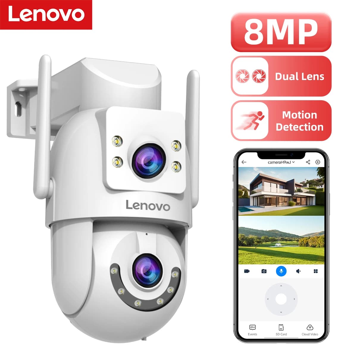 Lenovo WLAN PTZ Sicherheitskamera 8MP mit Dual-Screen Farbnachtsicht Außenüberwachungs-CCTV-Kamera Auto-Tracking IP-Kamera
