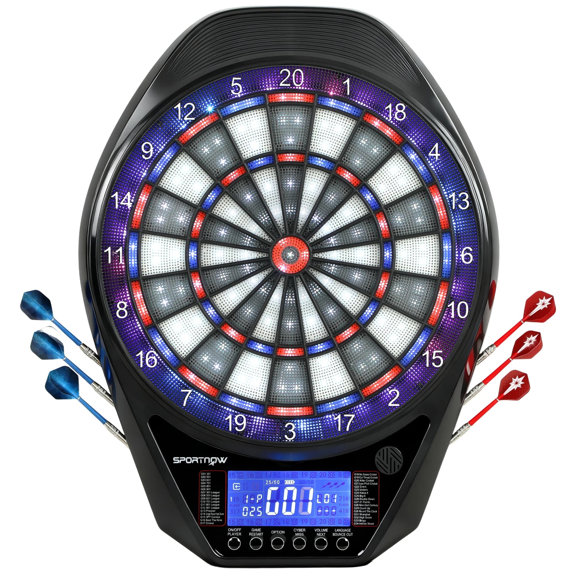 Sportnow Elektronische Dartscheibe mit 6 Darts und 24 LED-Bildschirmen mit weichen Spitzen, 34 Spiele und 2235 Programme, 60,5 x 45,5 x 3,6 cm,