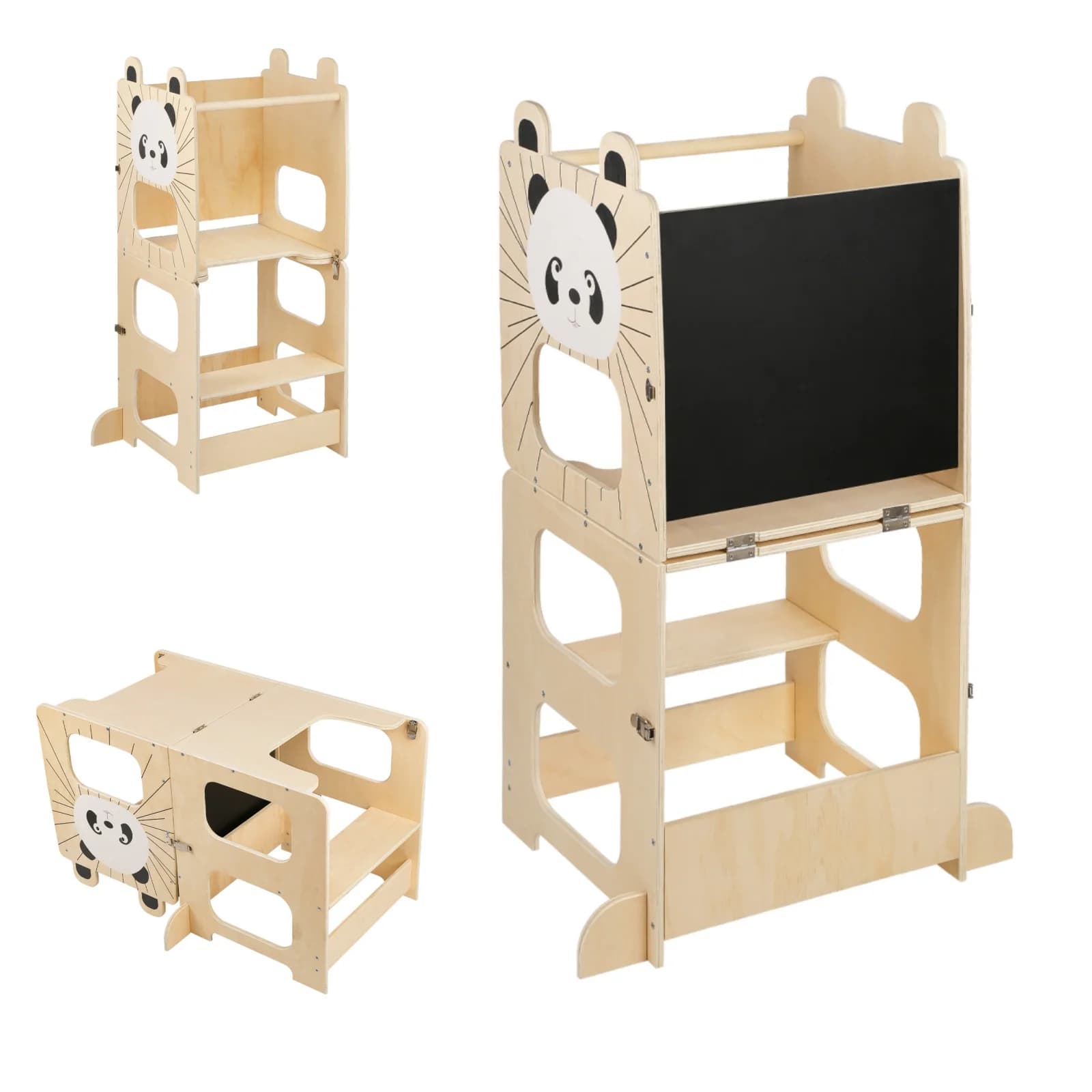 3-in-1 Montessori-Lernturm, umwandelbar in einen Kindertisch mit Stuhl – Küchenhocker und Stehstuhl