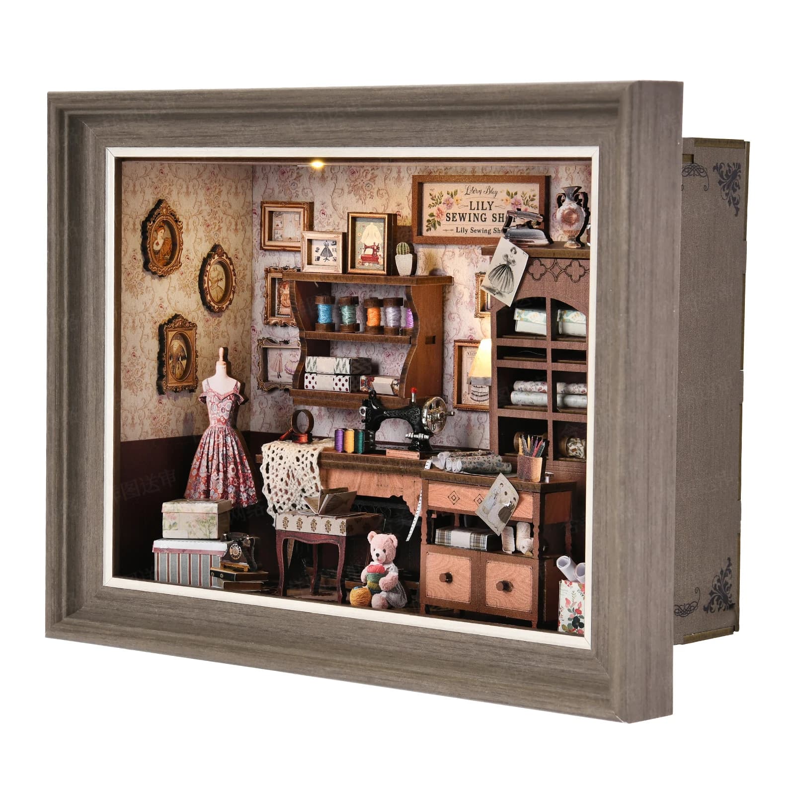 Bücherregal-Set „Schneiderei“ – DIY 3D-Holzpuzzle, Puppenhaus, Fotorahmen, Ornament, Modell, Buchstütze, Heimdekoration