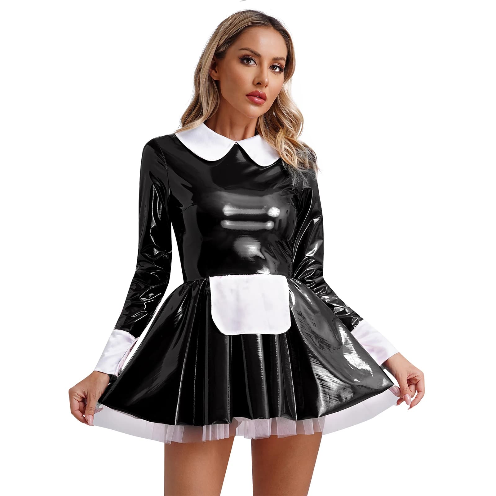 Damen Dienstmädchen-Plätzchenschürze, Cosplay-Kleid, Lackleder, Tutu-Röcke, Satin, Tüll, Unterrock, A-Linie, Halloween-Party, Clubwear