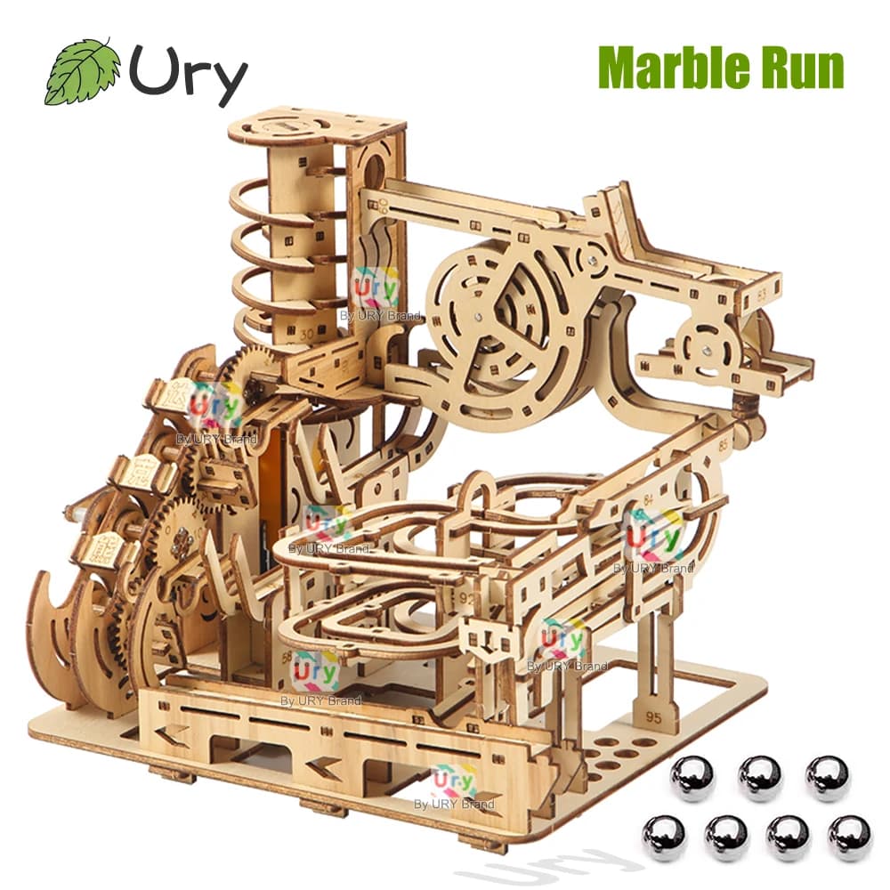 Ury 3D-Holzpuzzles, Marmor, elektrisches Katapult-Track-Gerät-Set, mechanisches Modell, wissenschaftliches Labyrinth, 7 Kugeln, Montagespielzeug für