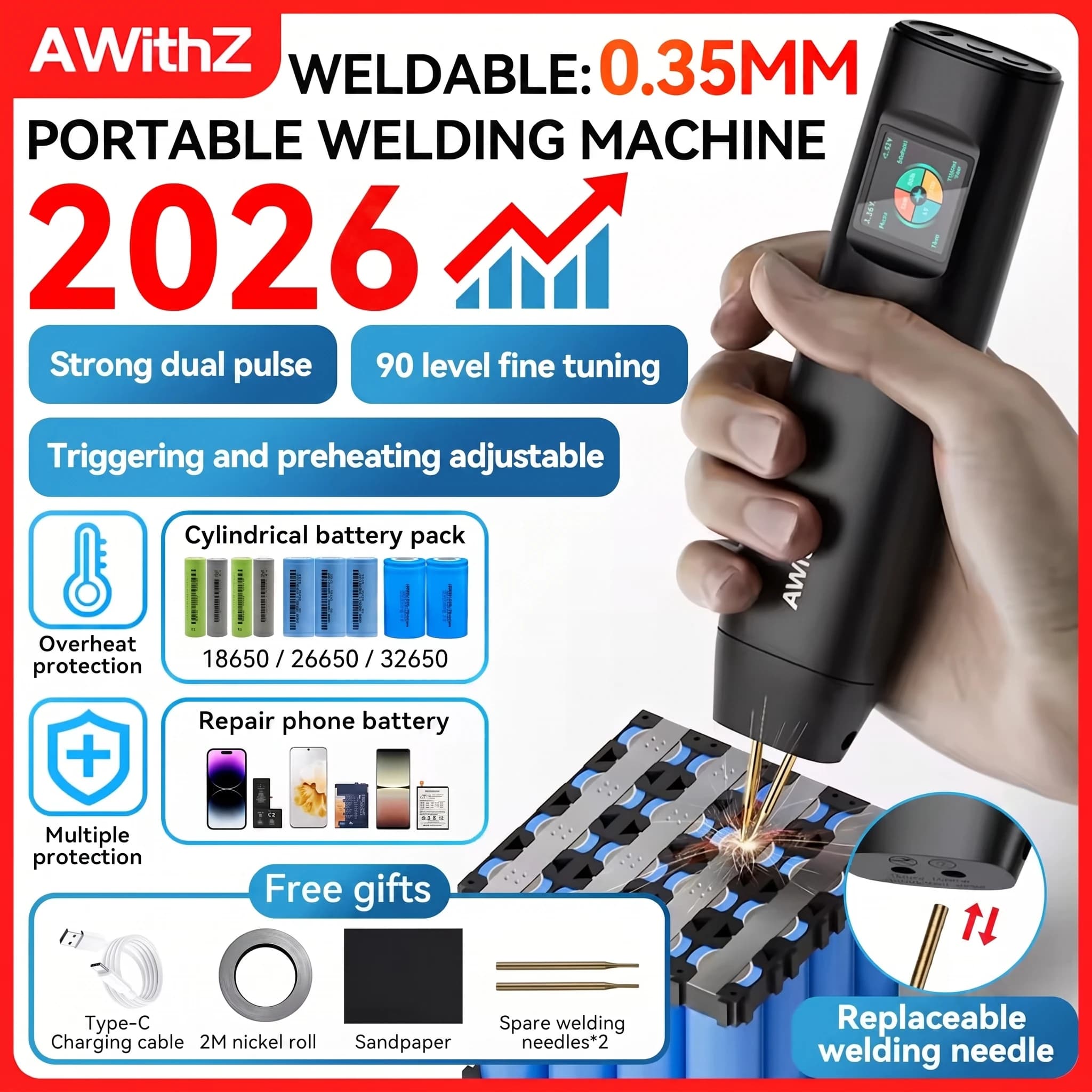 AWithZ Tragbares Punktschweißgerät, DIY-Handpunktschweißgerät, 90 Gänge, verstellbares Punktschweißen für 18650-Lithium-Batterie