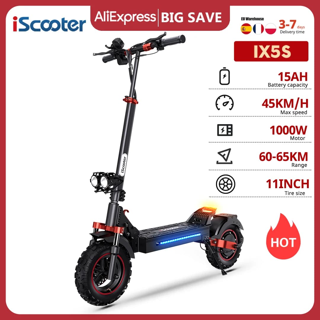iScooter IX5S Elektroroller 11 Zoll Offroad 48V15Ah 1000W Hinterradantrieb Max. Geschwindigkeit 45km/h Reichweite 65km Faltbarer E-Scooter