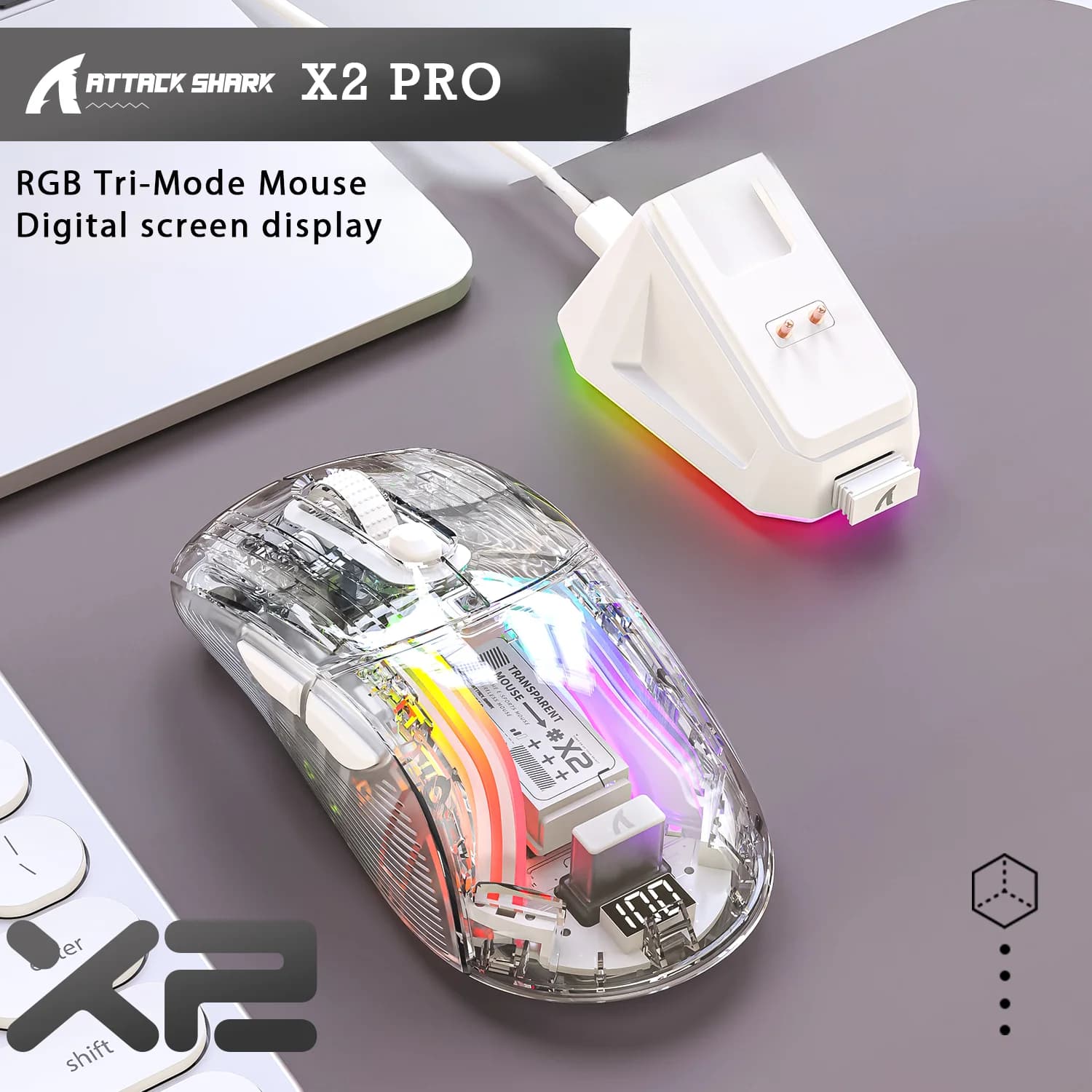 Attack Shark X2 Pro kabellose Gaming-Maus RGB, Tri-Mode-Bluetooth, leises Klicken, Batterieanzeige, magnetische Ladestation