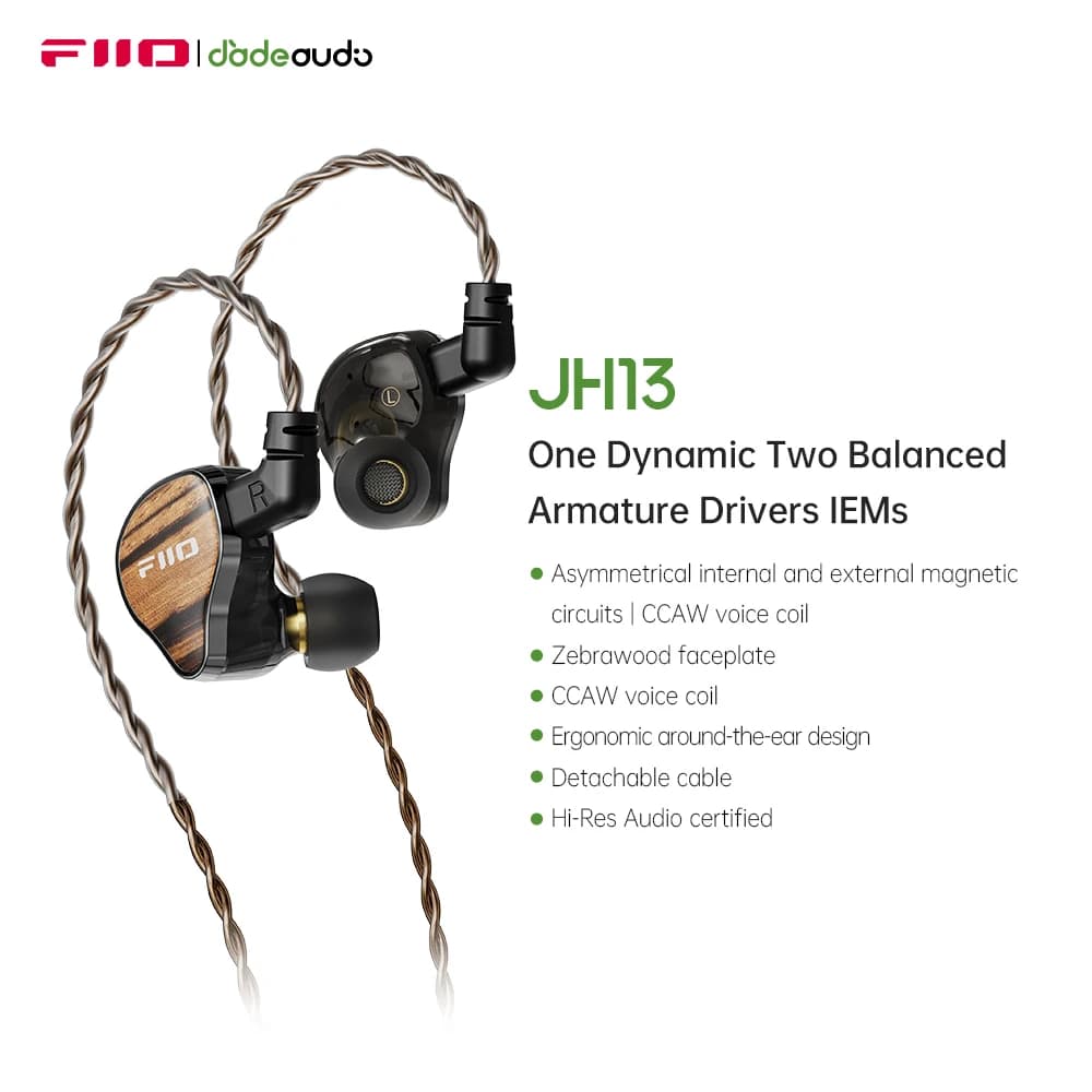 FiiO JH13 Hybrid-HiFi-IEMs – 1DD + 2BA-Treiber, audiophiler Kopfhörer mit Holzfrontplatte und abnehmbarem 0,78-mm-2-Pin-Kabel