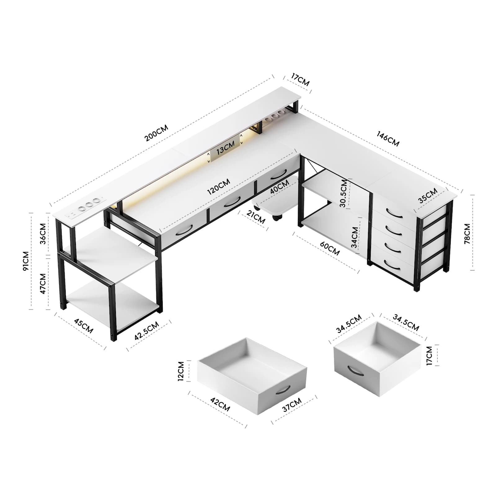 ThomP German Warehouse L-förmiger multifunktionaler Computertisch – geräumiger Desktop, viel Stauraum und intelligente LED-Leuchten für