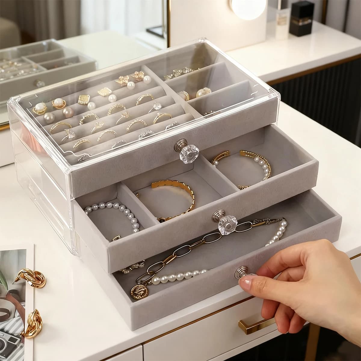1 Stück, stapelbar, 3 Schichten beige/graue Schmuckschatulle im Schubladenstil, Ohrringe, Ringe, Halsketten, Armbänder, Organisationsbox