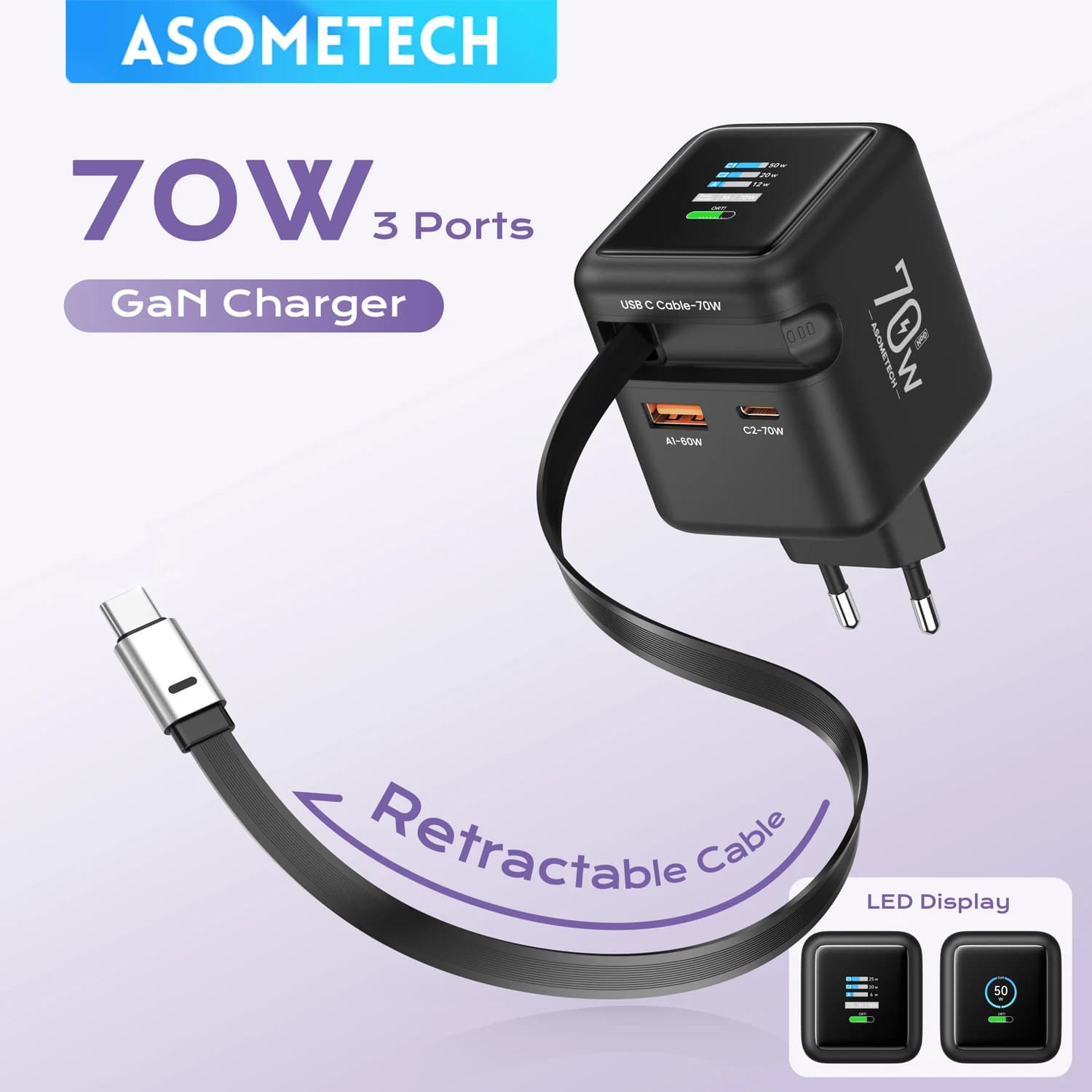 70 W GaN-Schnellladegerät mit einziehbarem Typ-C-Kabel, 3-in-1 PD3.0 QC4.0 PPS-Schnellladung für iPhone 16 15 14 Xiaomi Tablet Laptop