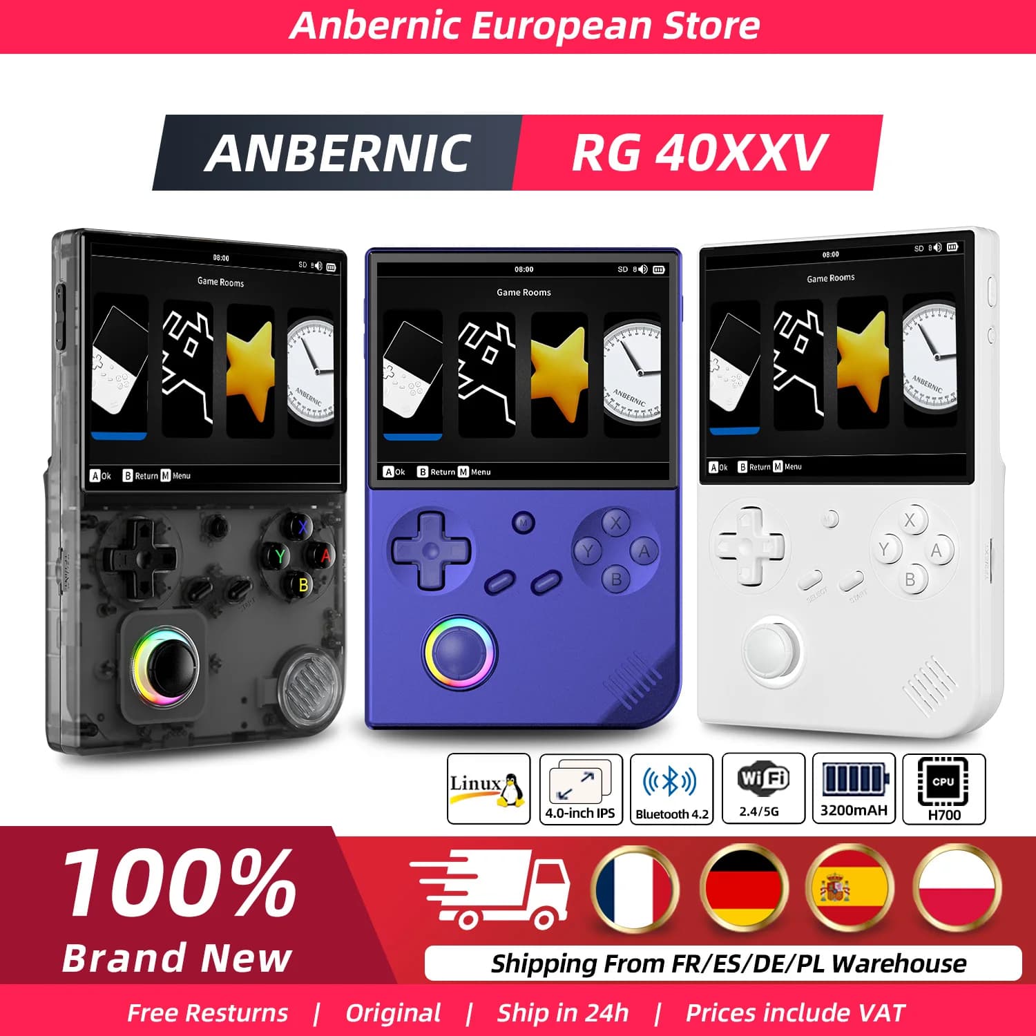 ANBERNIC RG40XXV 64-Bit Linux Retro tragbare Gaming-Konsole 4,0-Zoll-IPS-Bildschirm unterstützt 5G WiFi Bluetooth Unterstützung HD-Ausgang