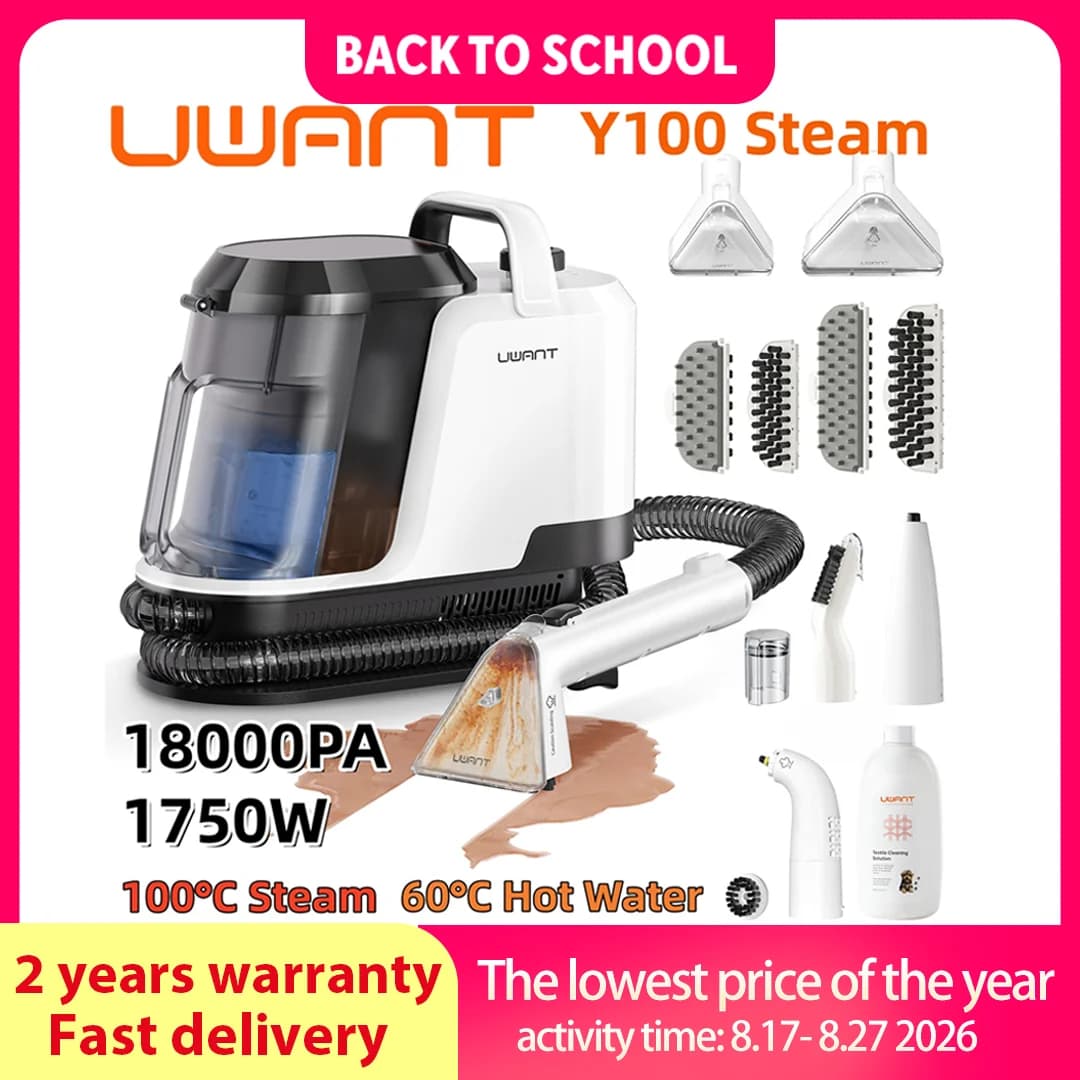 Uwant Y100 Dampfreiniger 18000Pa Teppichreiniger 1750W 100 ° C Steam 60 ° C Heißwasser-Selbstreinigungsgerät für Sofa, Auto, Schuhe und Tierhaare