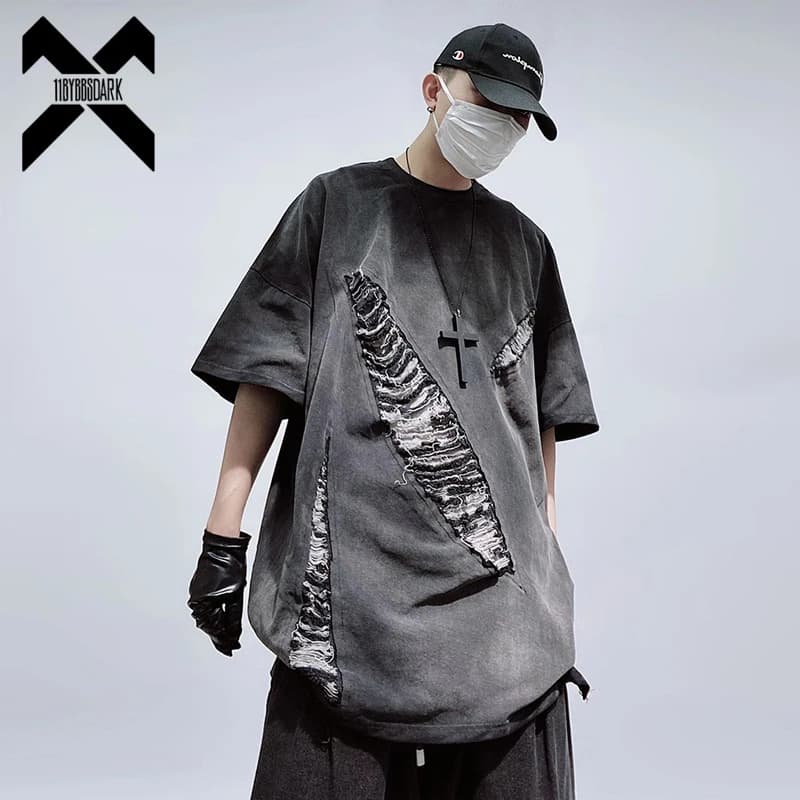 Hip Hop Overs ize gewaschen T-Shirt Vintage Streetwear Harajuku Loch zerrissen Patch T-Shirt Männer Sommer Kurzarm T-Shirt Baumwolle Tops