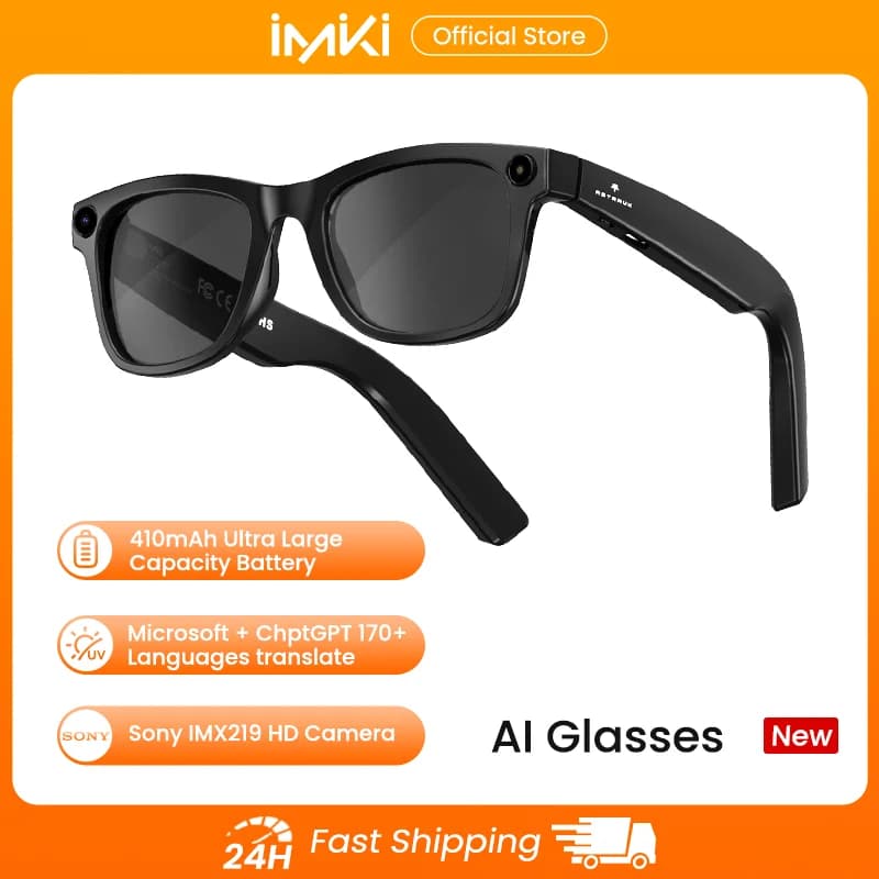 IMIKI KI-Smart-Brille mit 4K 800W Kamera, Musikwiedergabe, Videoaufnahme, Geschwindigkeitserkennung, Übersetzungsfunktion, Sonnenbrille zum Lernen