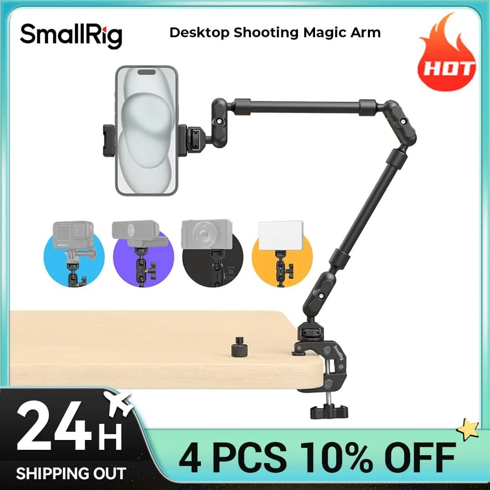 SmallRig Desktop-Shooting Magic Arm mit Krabbenklemmen-Kit, verstellbarer Magic Arm für Smartphones, Webcams und Action-Kameras 4766
