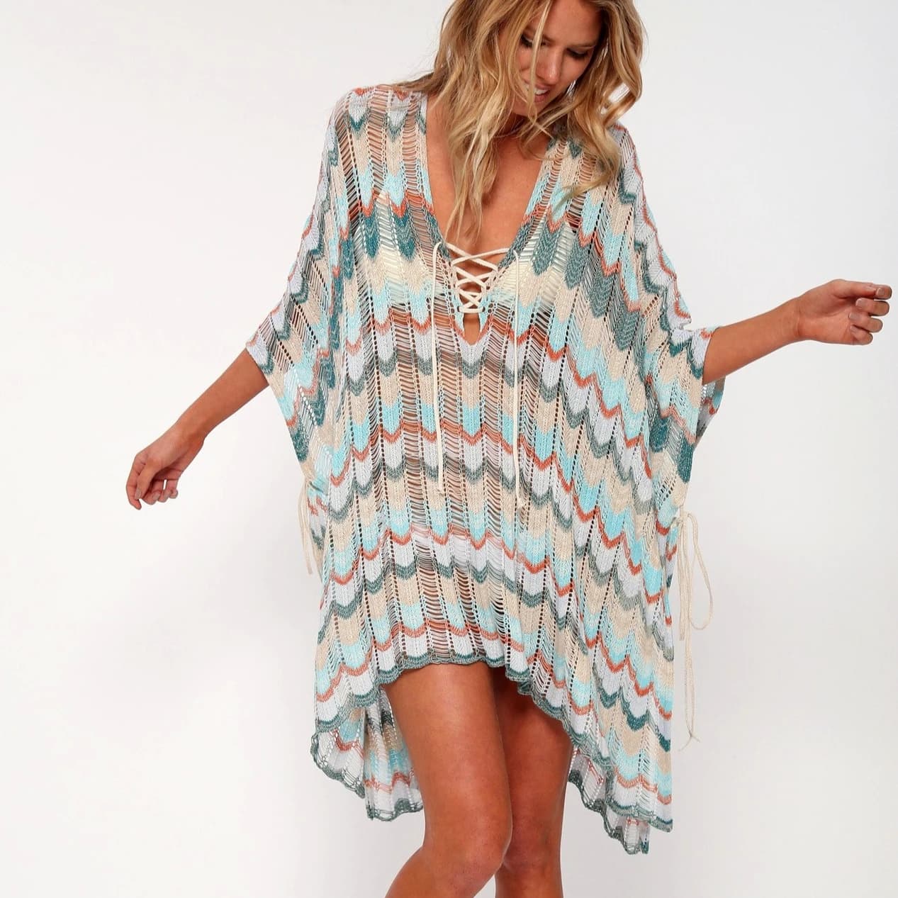 Baumwolle Häkeln Tunika Mini Kleider Frauen Cover Up Bikini Sexy Aushöhlen Tiefem V-ausschnitt Spitze-Up Sommer Vestidos boho Strand Robe