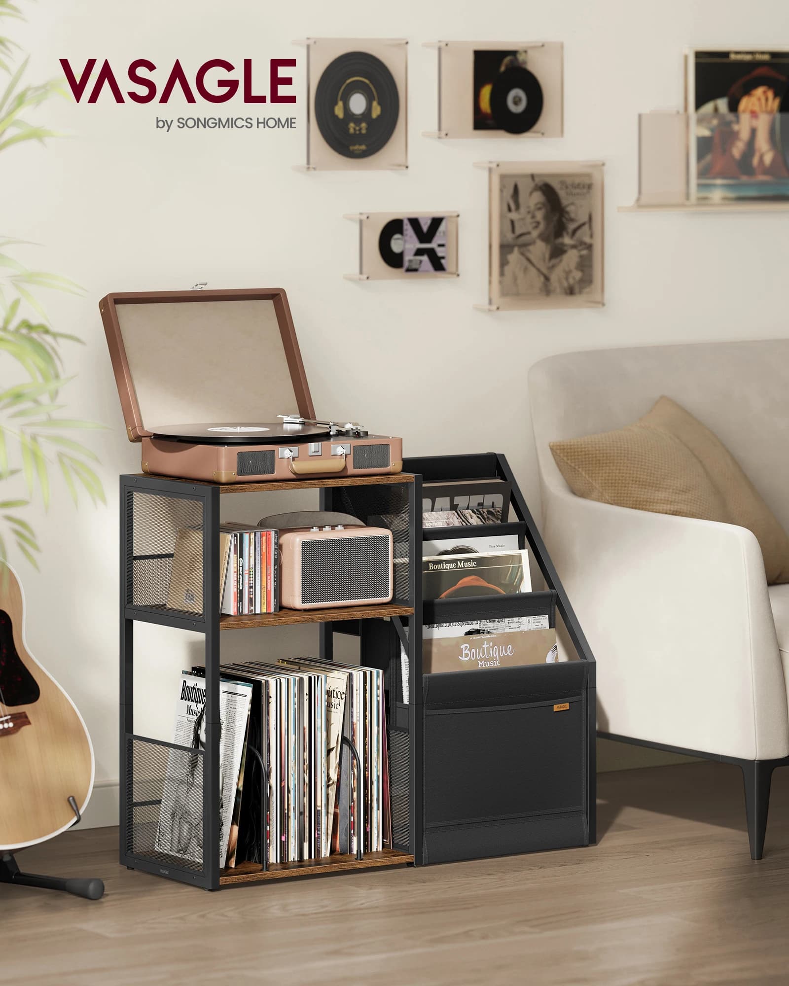 VASAGLE Beistelltisch, Plattenspieler-Ständer, 3 Etagen, Beistelltisch, Schallplatten