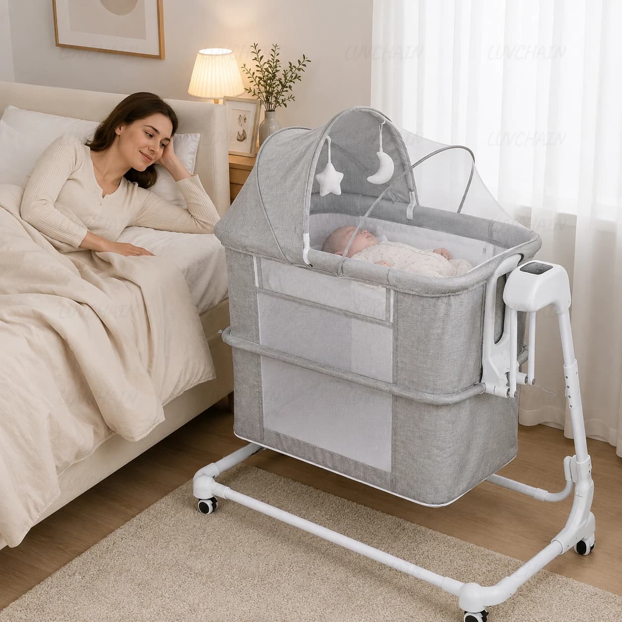 Elektrisches Babybett/tragbare Neugeborenenwippe; verfügt über verstellbare Winkel, Bluetooth-Konnektivität und eine Timer-Funktion; abnehmbar und