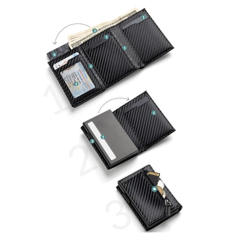 Bifold-Geldbörse für Herren aus Kohlefaser und Aluminium, RFID-blockierender automatischer Pop-up-Kartenhalter mit Münzfächern, schlanke