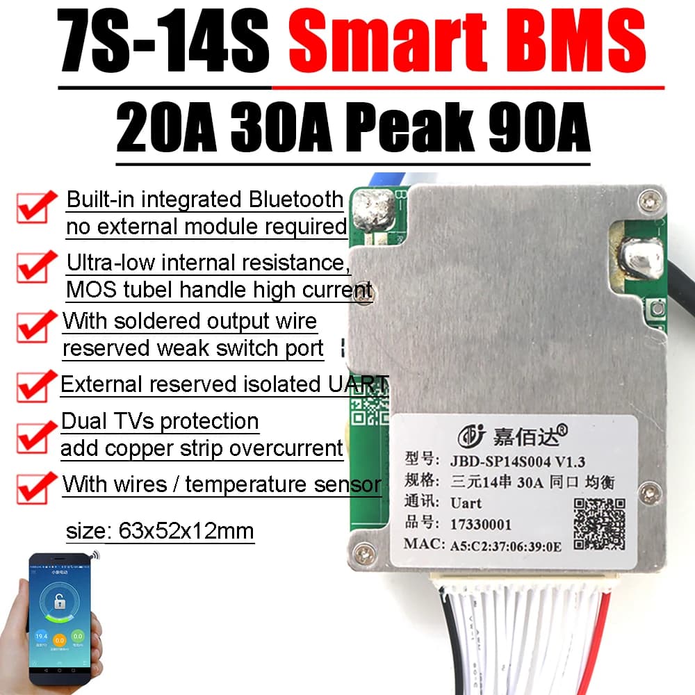 JBD Bluetooth 7S bis 14S 13S Lithium-Batterie-Schutzplatine Smart BMS Balance 24V 36V 48V 52V Li-Ion Lipo 8S 12S LifePo4 30A